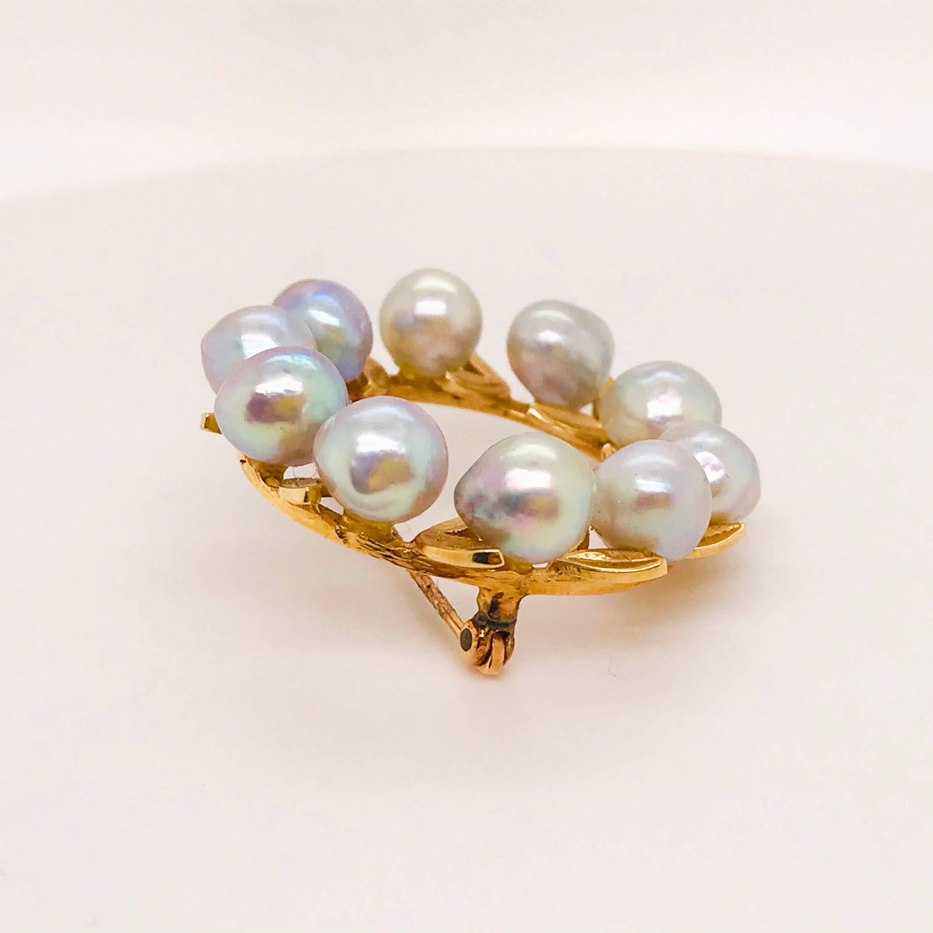 Blue Pearl Brooch, Freshwater, Gold Leaf, Custom Pin in 14 Karat Yellow Gold In New Condition In Austin, TX