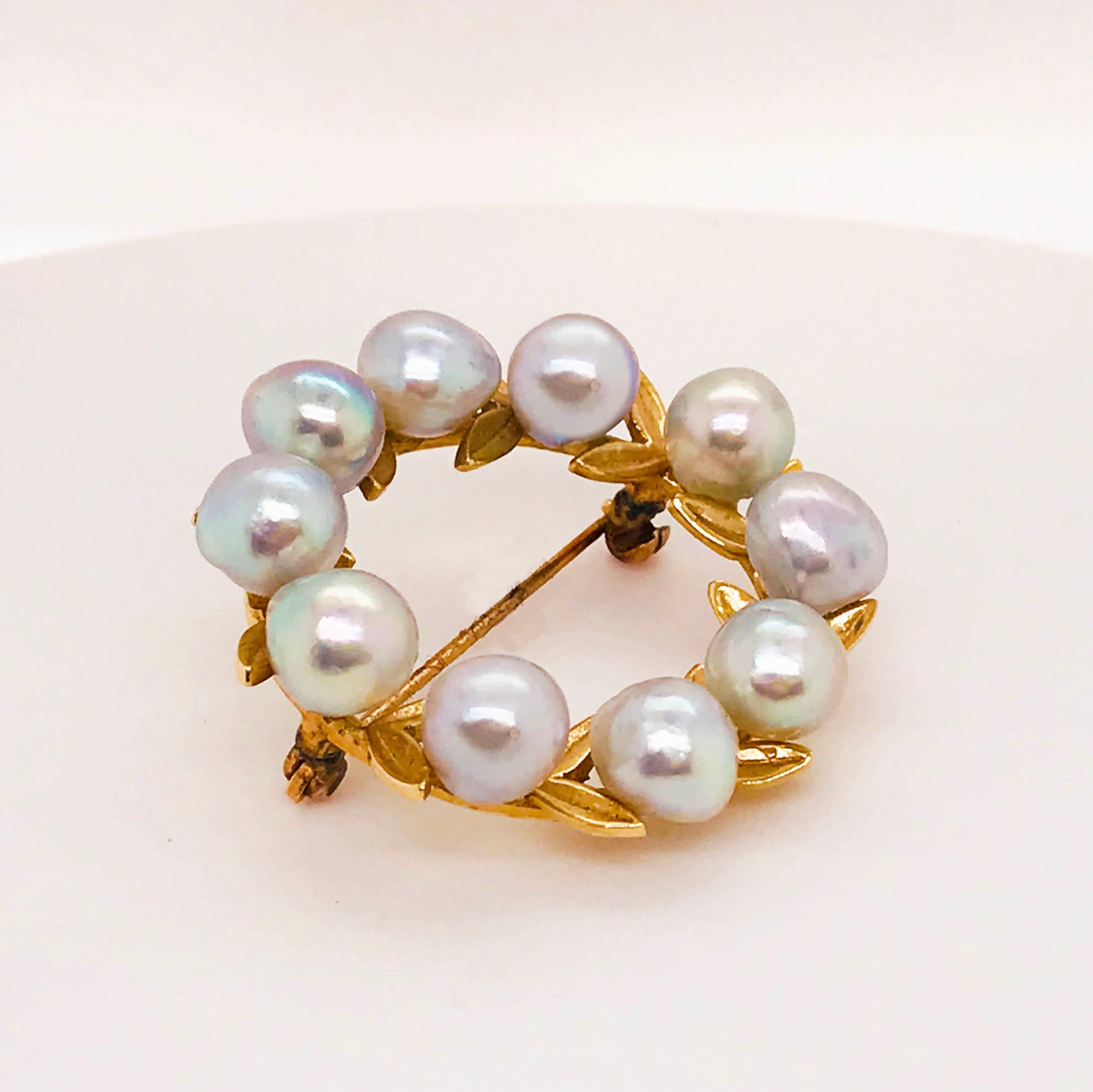 Women's Blue Pearl Brooch, Freshwater, Gold Leaf, Custom Pin in 14 Karat Yellow Gold