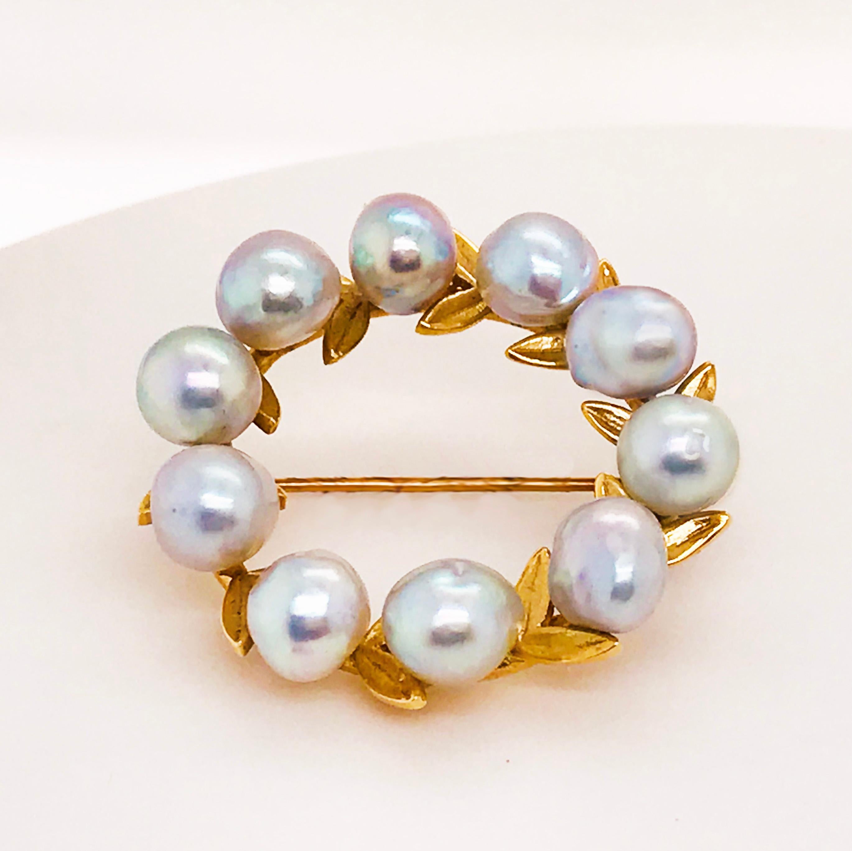 Blue Pearl Brooch, Freshwater, Gold Leaf, Custom Pin in 14 Karat Yellow Gold 2