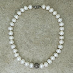 Freshwater Button Pearl and Pavé Diamond Sterling Silver Beaded Necklace