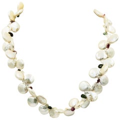 Freshwater Coin Pearl and Tourmaline Necklace with Sterling Silver Clasp