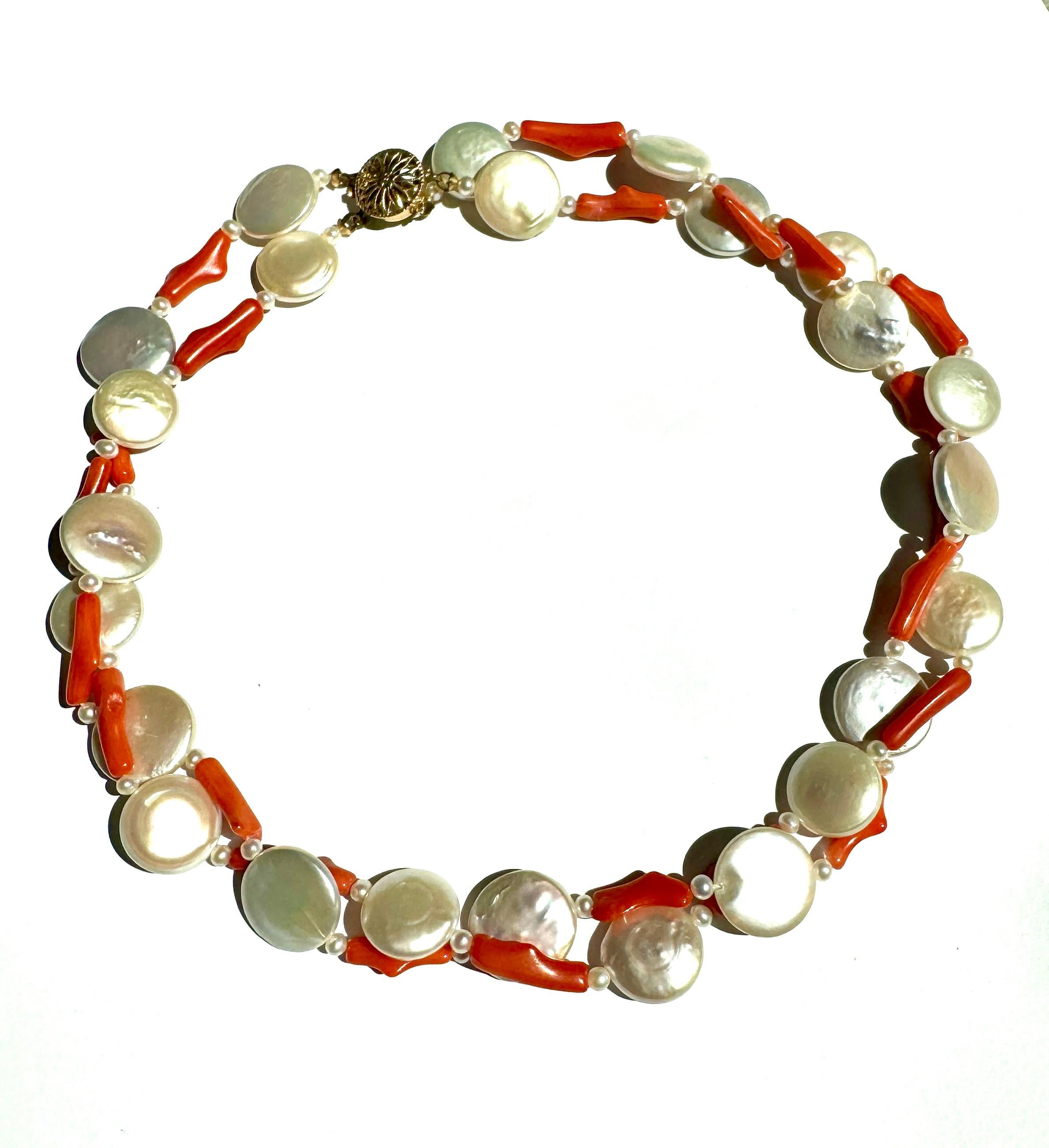 Artist Freshwater Coin Pearl Coral Two Strand Necklace For Sale