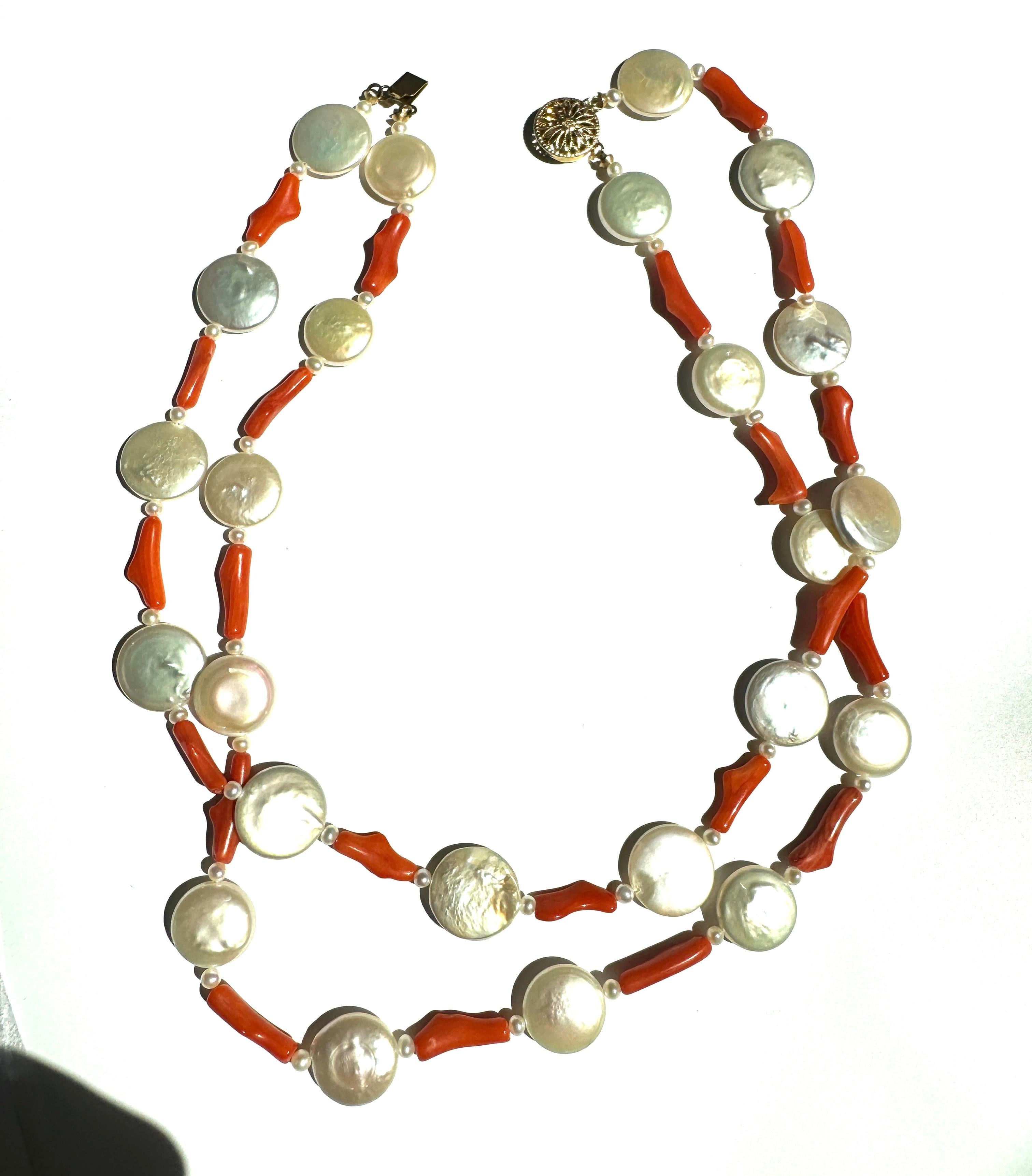 Freshwater Coin Pearl Coral Two Strand Necklace In New Condition For Sale In Lake Worth, FL