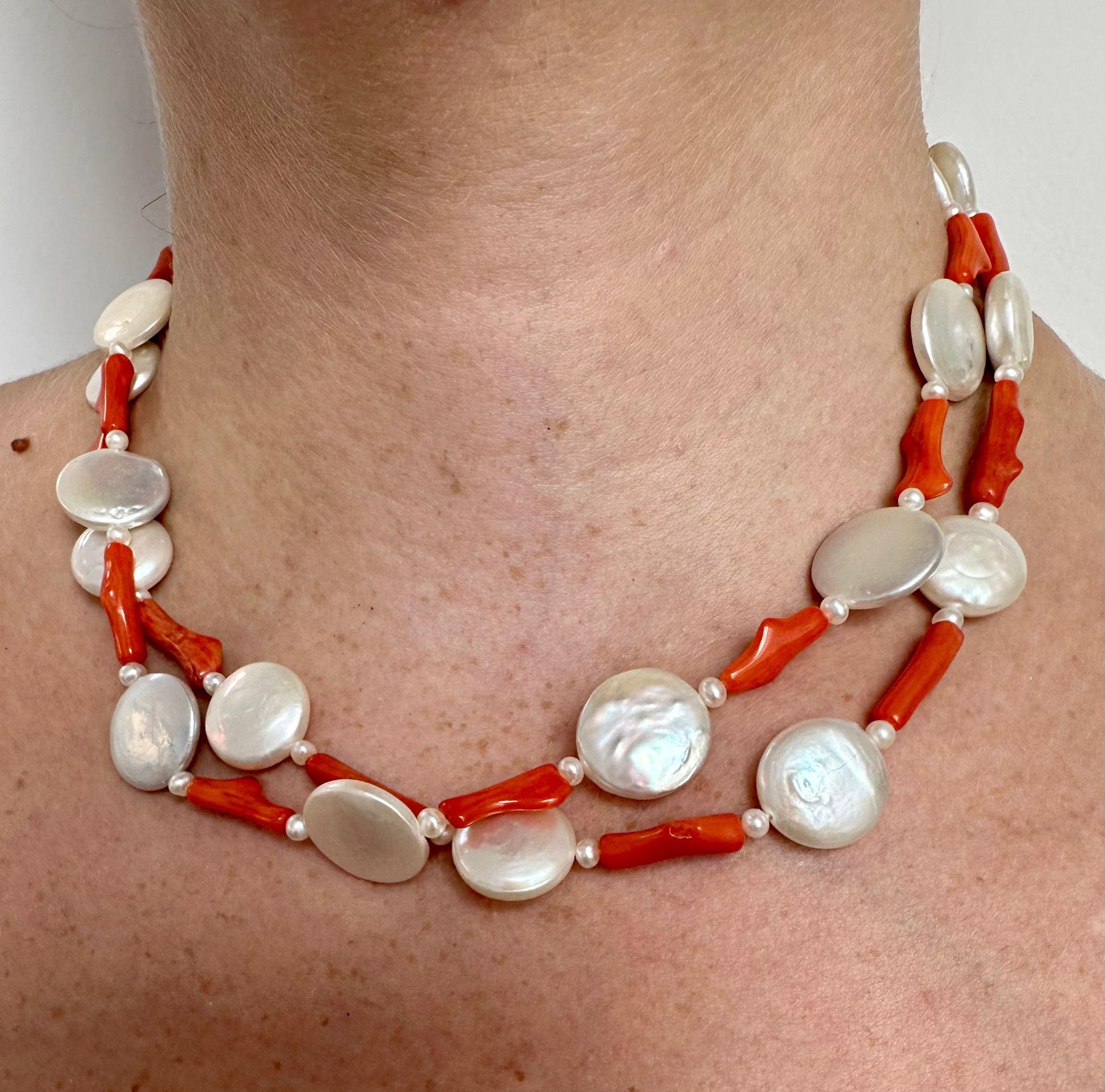 Women's Freshwater Coin Pearl Coral Two Strand Necklace For Sale