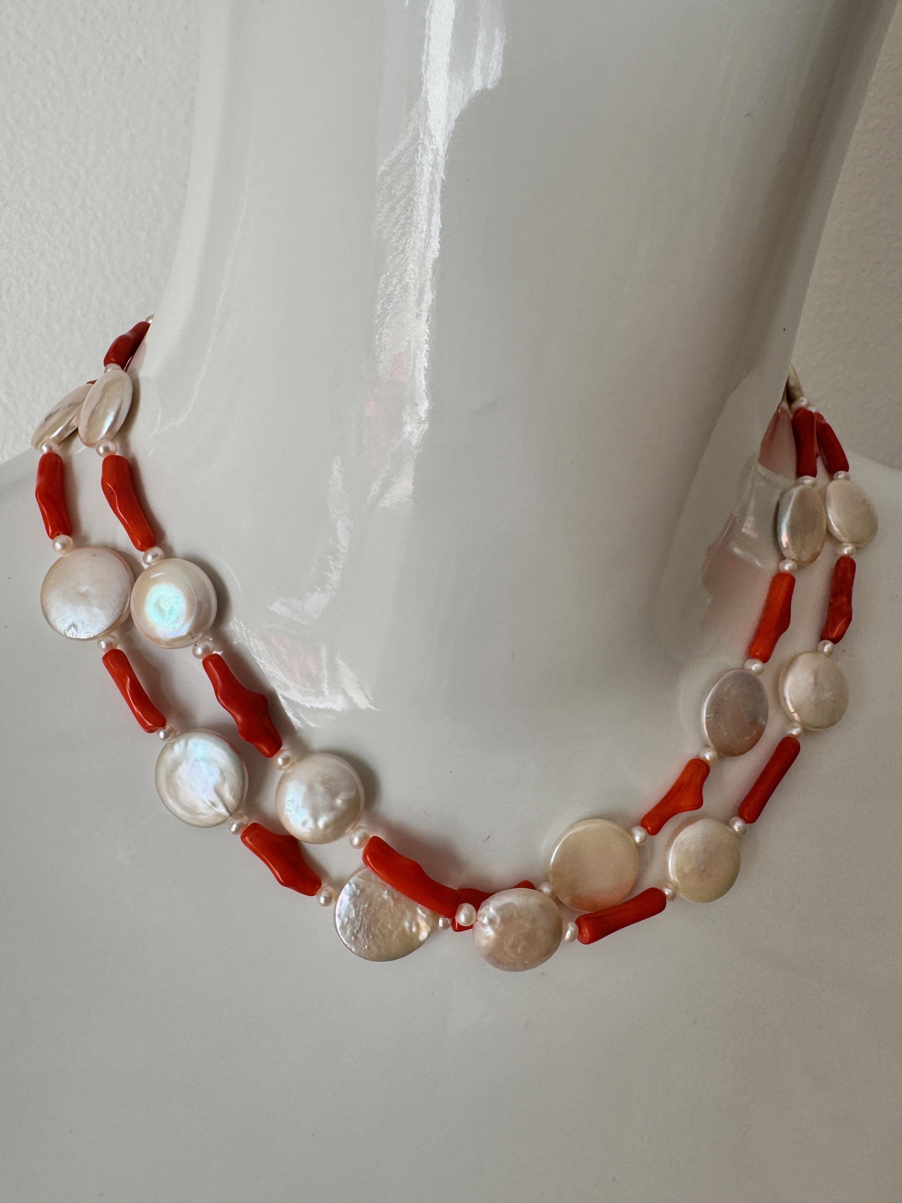 Freshwater Coin Pearl Coral Two Strand Necklace For Sale 2