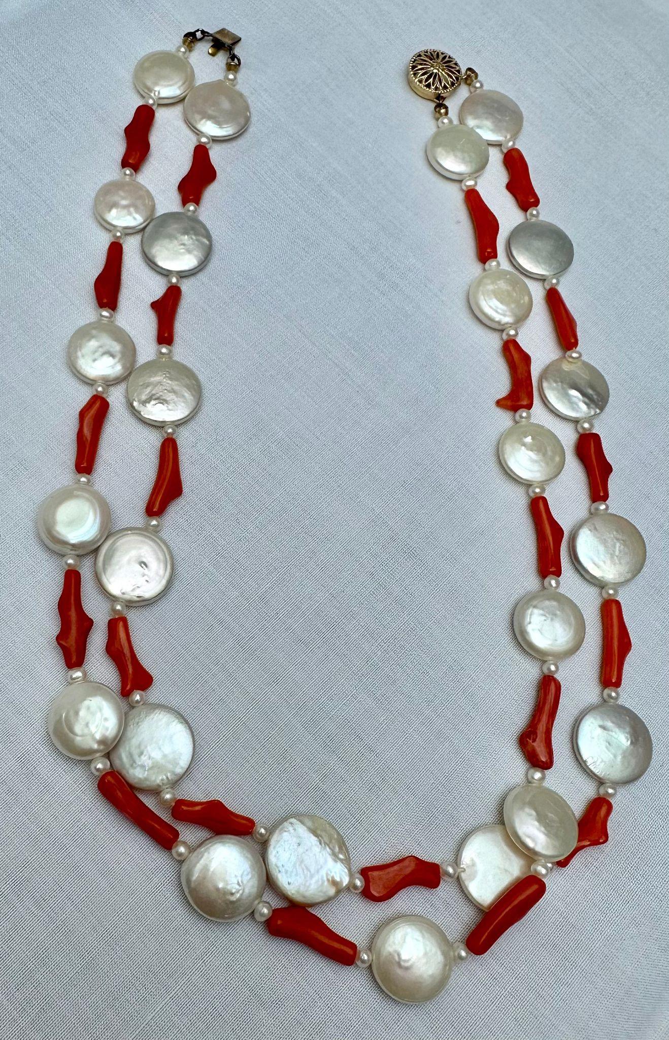Freshwater Coin Pearl Coral Two Strand Necklace For Sale 1