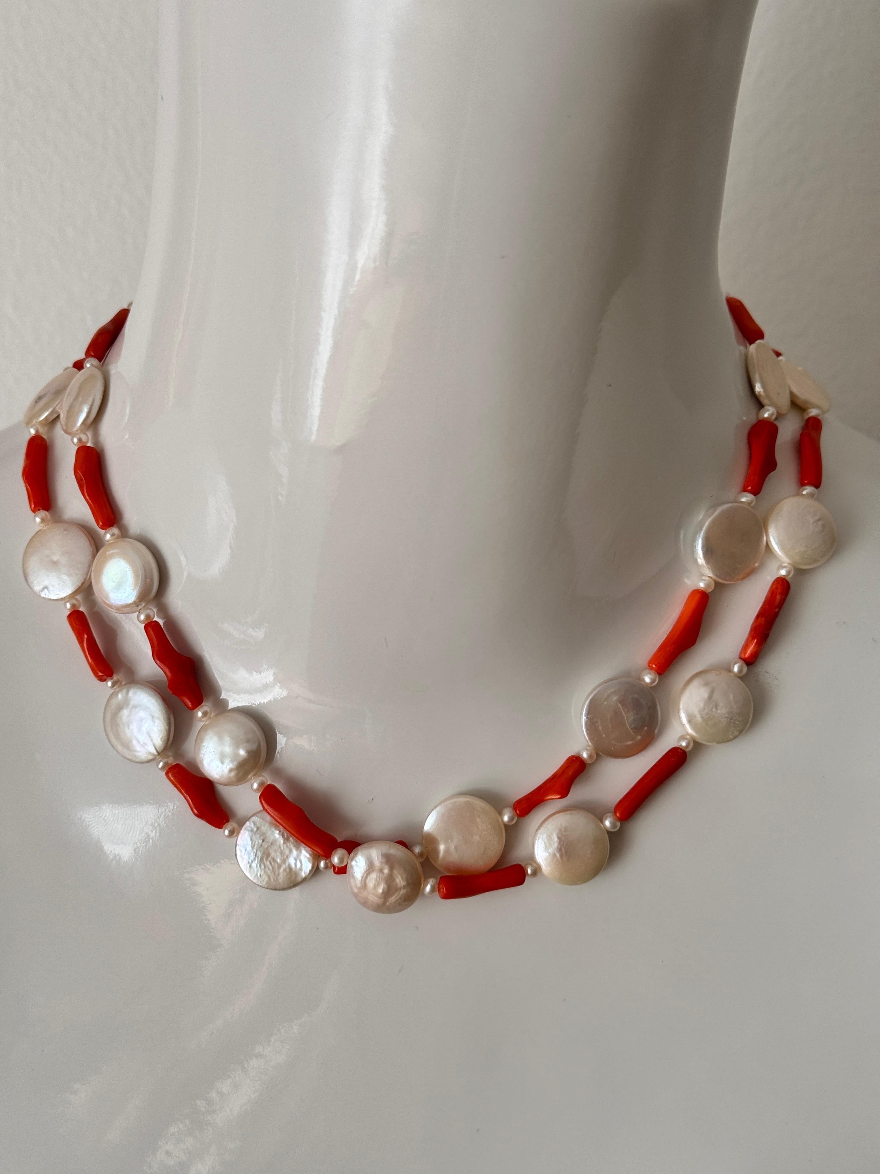 Freshwater Coin Pearl Coral Two Strand Necklace For Sale 3