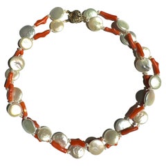 Freshwater Coin Pearl Coral Two Strand Necklace
