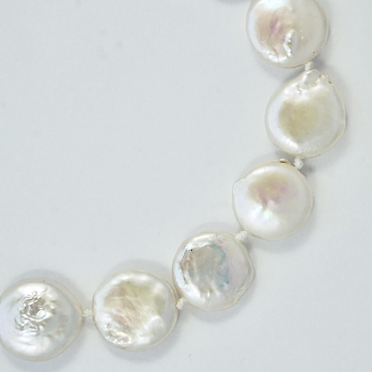 Freshwater Coin Pearl Knotted Necklace with an Iridescent Lustre For Sale 1