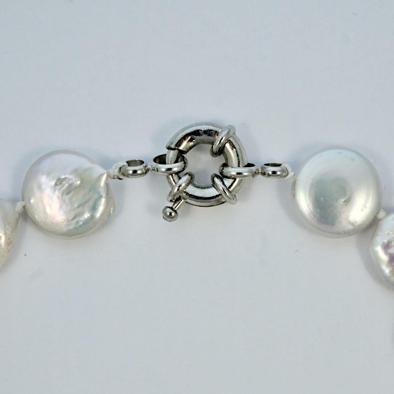 Freshwater Coin Pearl Knotted Necklace with an Iridescent Lustre For Sale 2