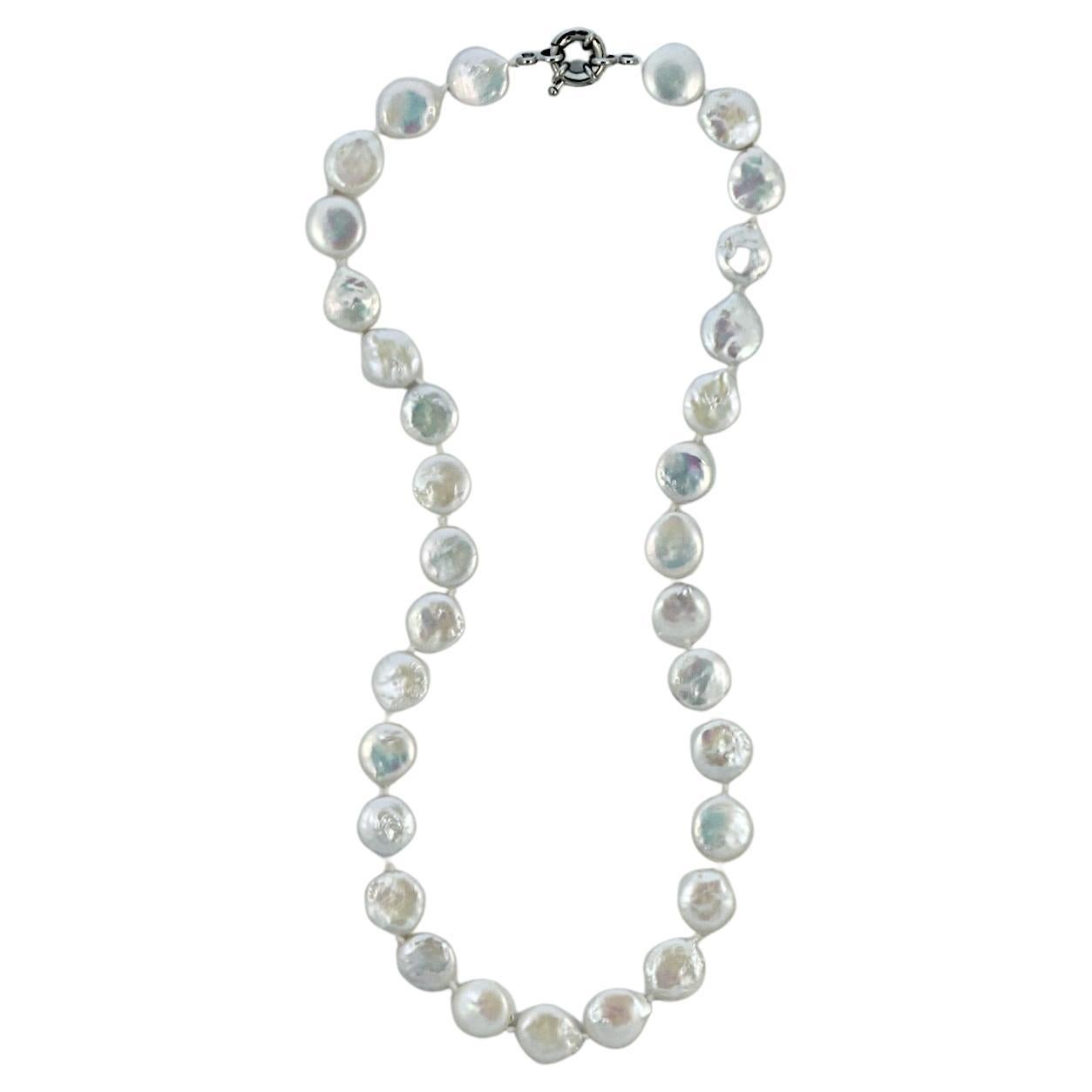 Freshwater Coin Pearl Knotted Necklace with an Iridescent Lustre For Sale