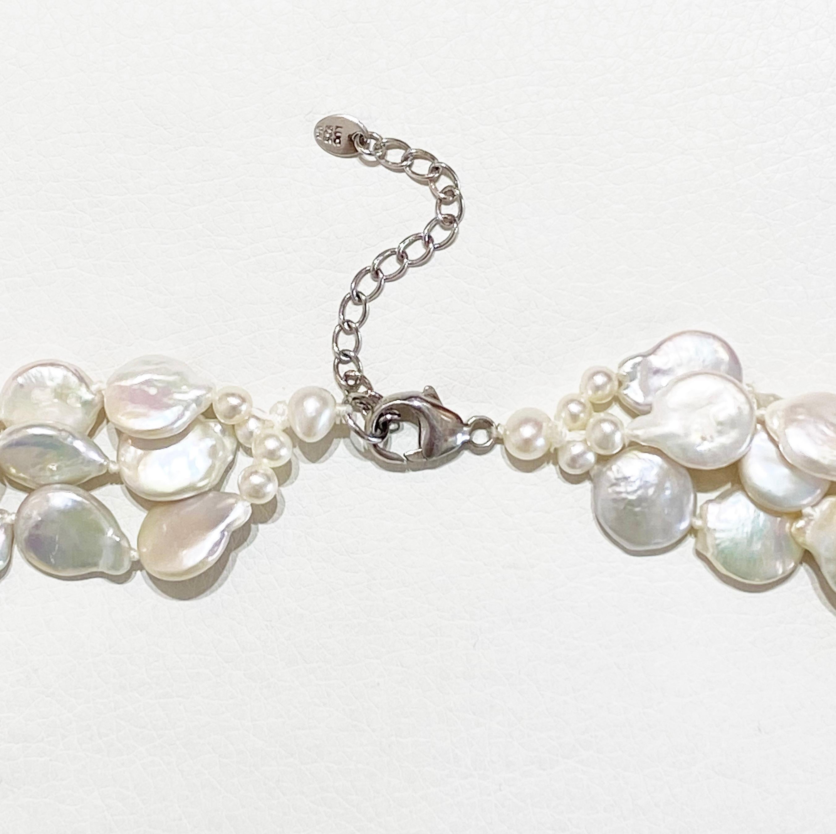 Artisan Freshwater Coin Pearl Necklace, Multi-Strand Pearl Necklace in Sterling Silver For Sale