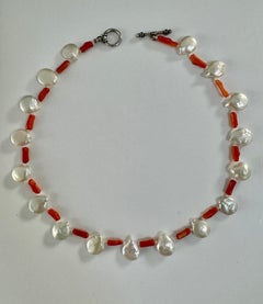 Freshwater Coin White Pearl Coral Necklace