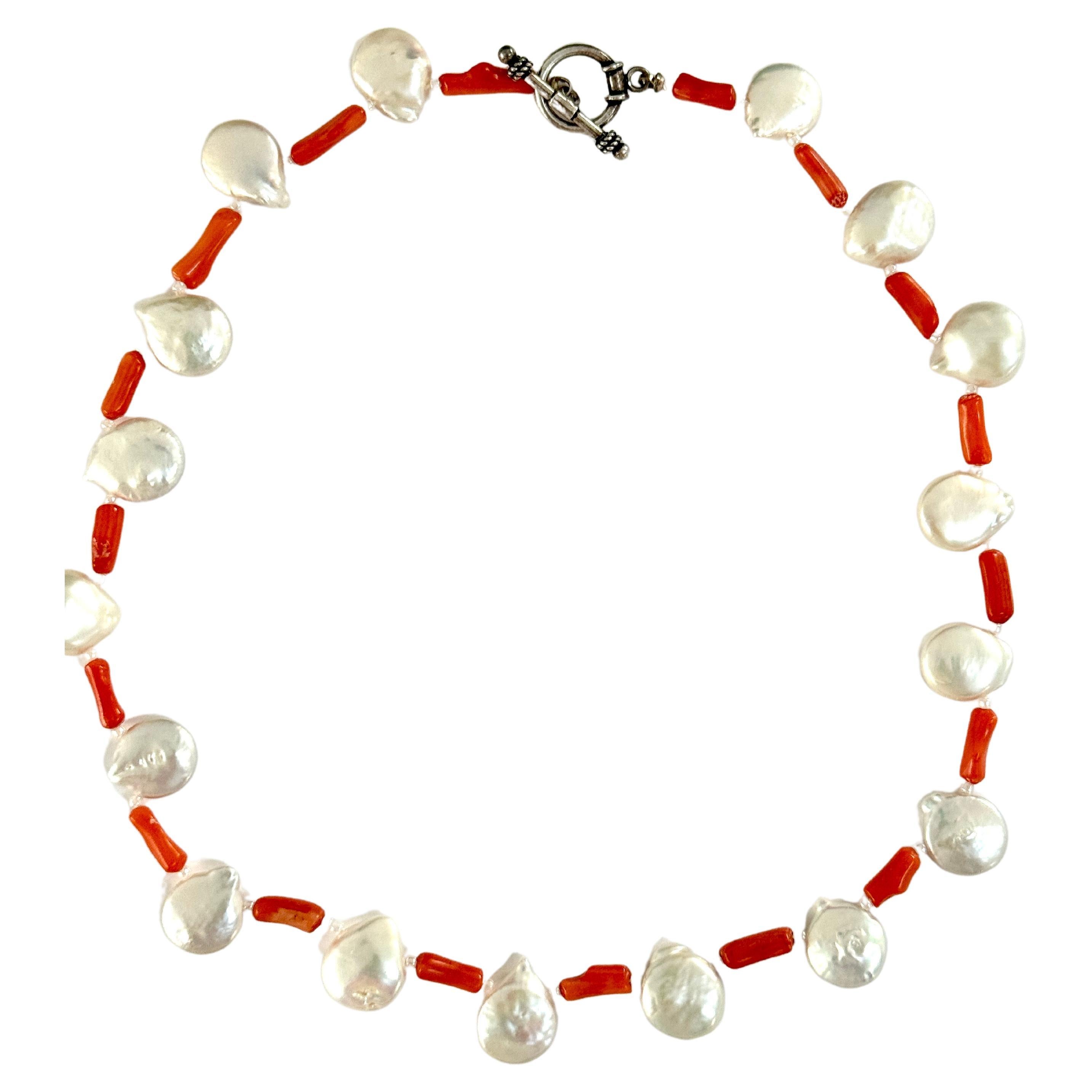 Artist Freshwater Coin White Pearl Coral Necklace For Sale
