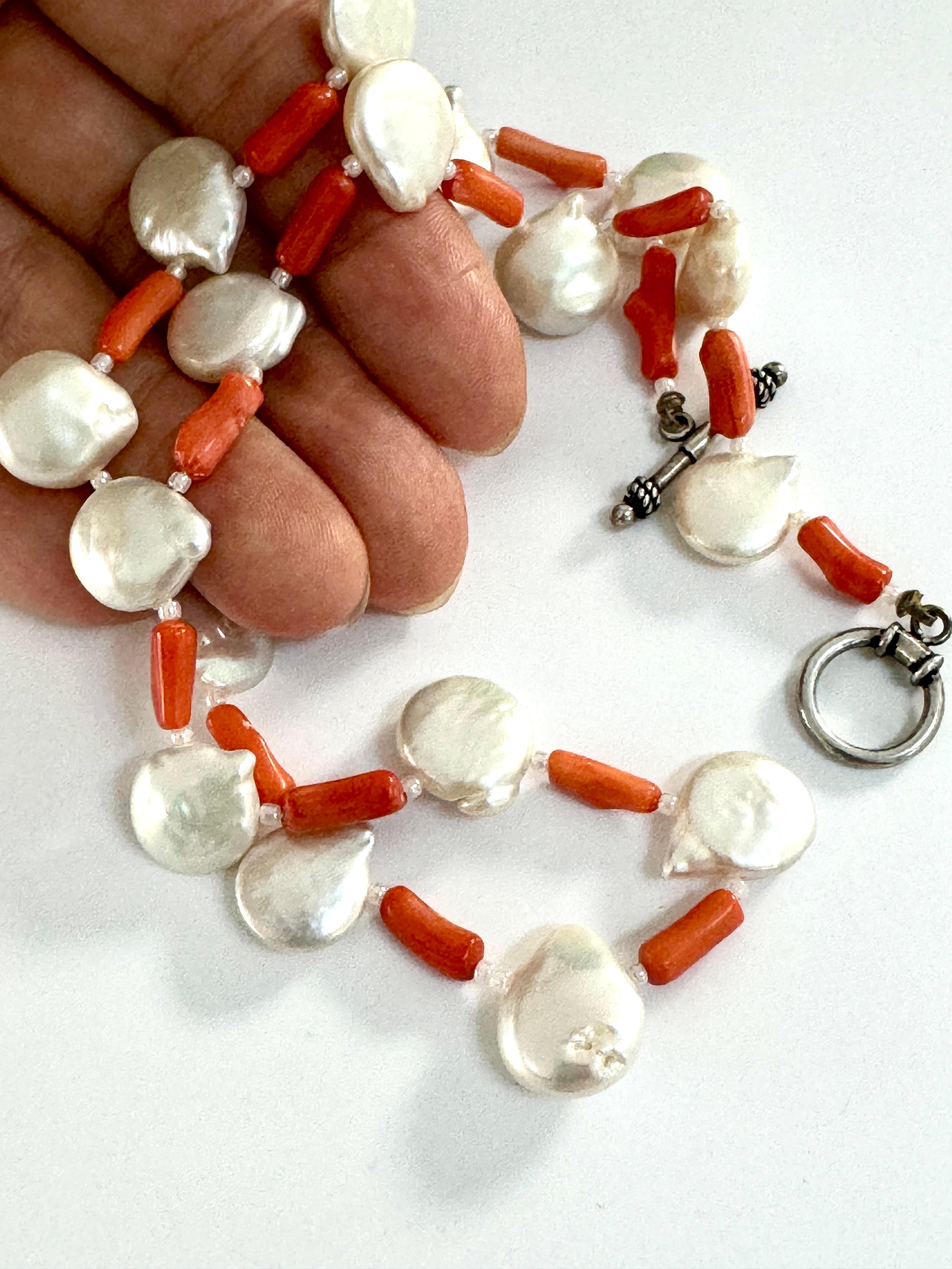 Uncut Freshwater Coin White Pearl Coral Necklace For Sale