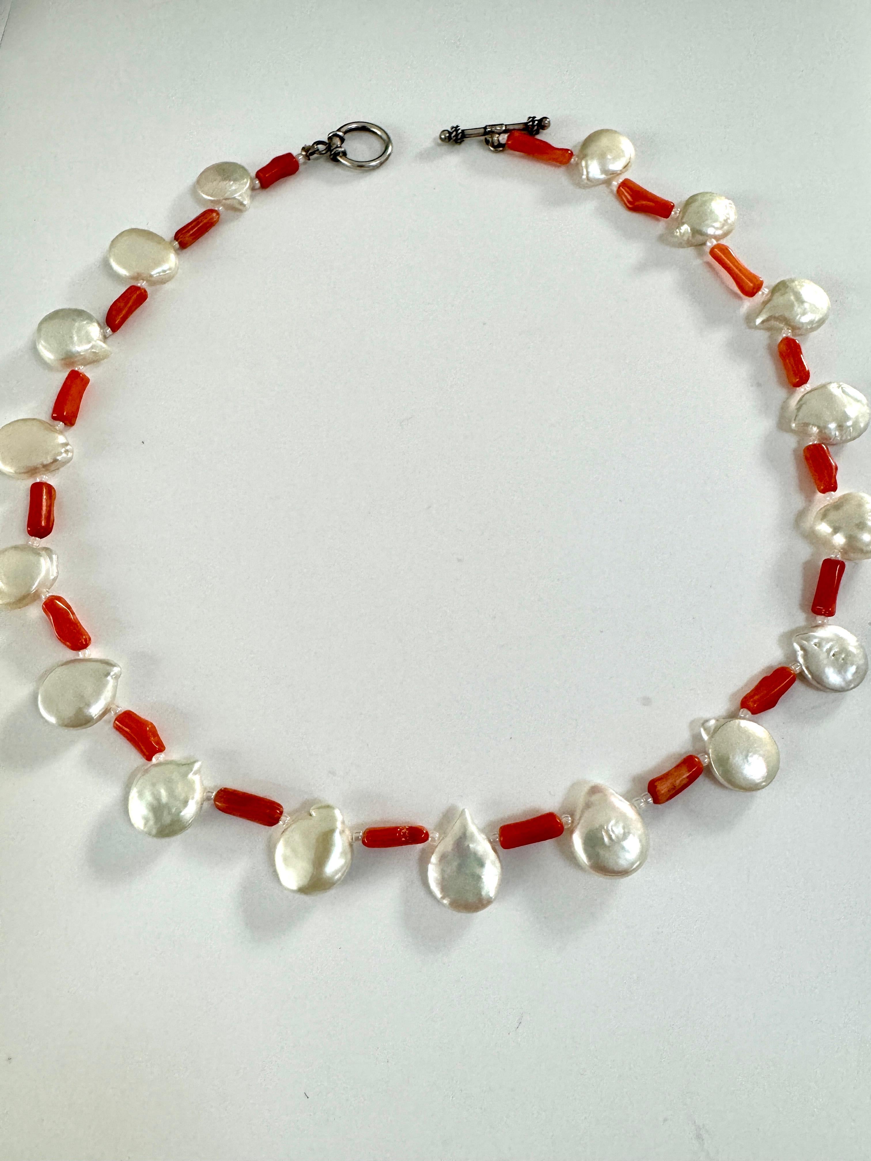 Freshwater Coin White Pearl Coral Necklace In New Condition For Sale In Lake Worth, FL