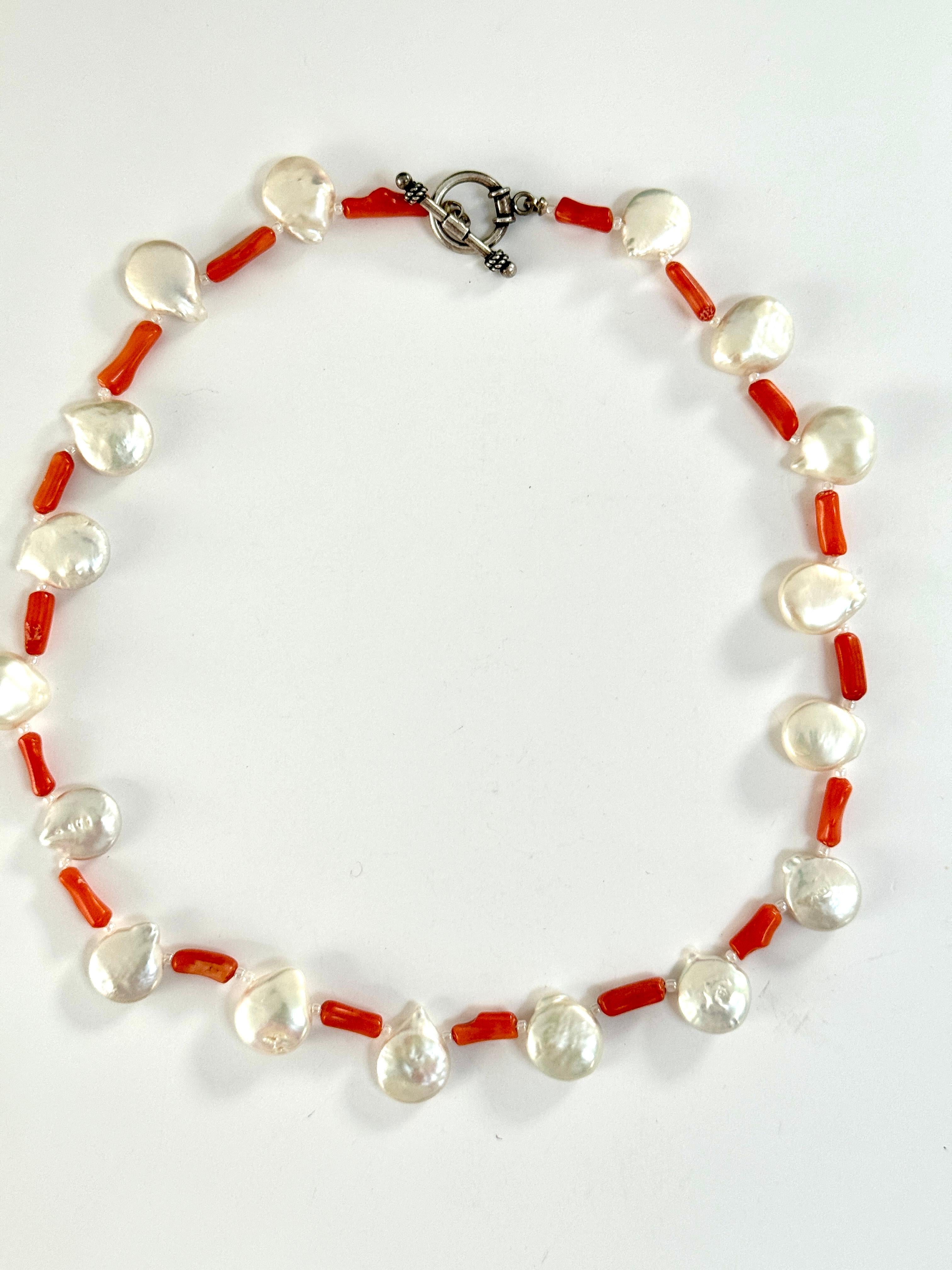 Women's Freshwater Coin White Pearl Coral Necklace For Sale