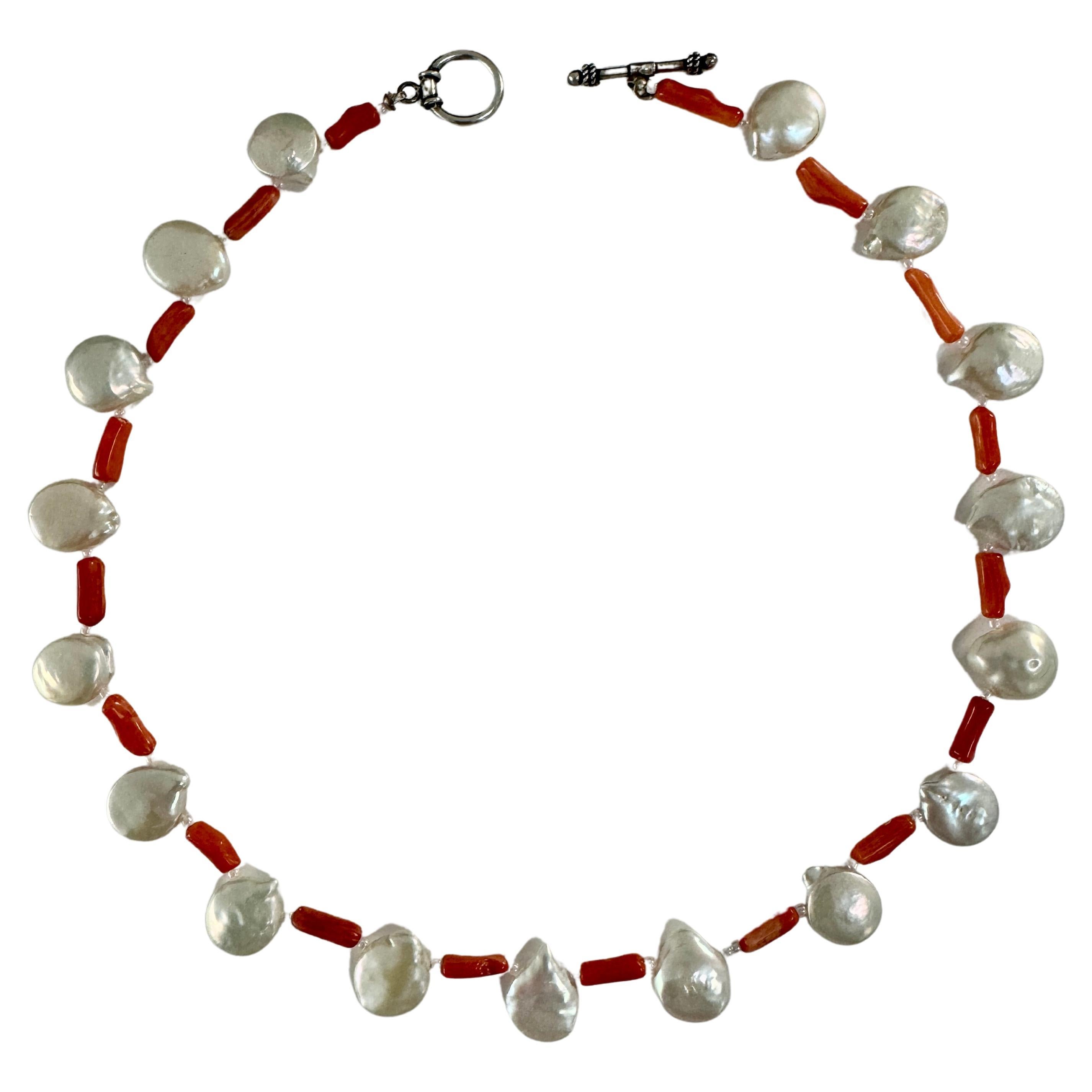 Freshwater Coin White Pearl Coral Necklace
