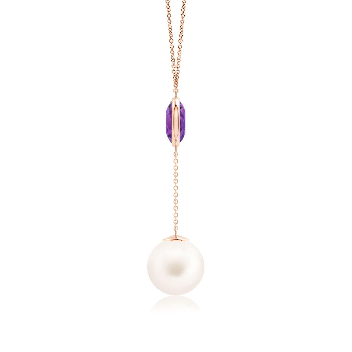 Cabochon Freshwater Cultured Pearl & 2.85ct Amethyst Lariat Necklace in 14K Rose Gold For Sale