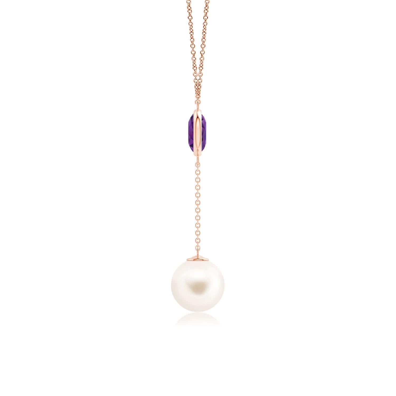 Cabochon Freshwater Cultured Pearl & 1.65ct Amethyst Lariat Necklace in 14K Rose Gold For Sale