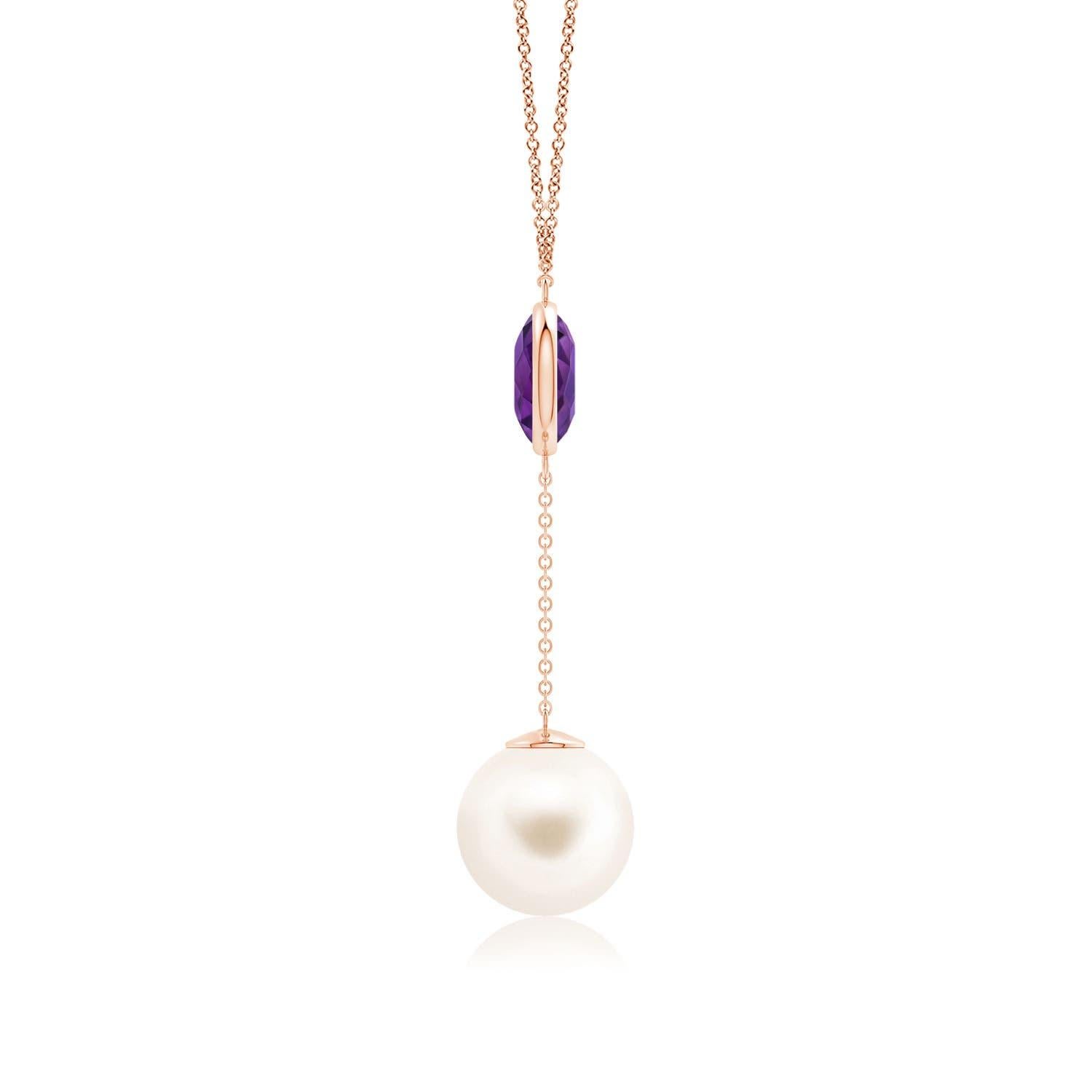 Cabochon Freshwater Cultured Pearl & 2.85ct Amethyst Lariat Necklace in 14K Rose Gold For Sale