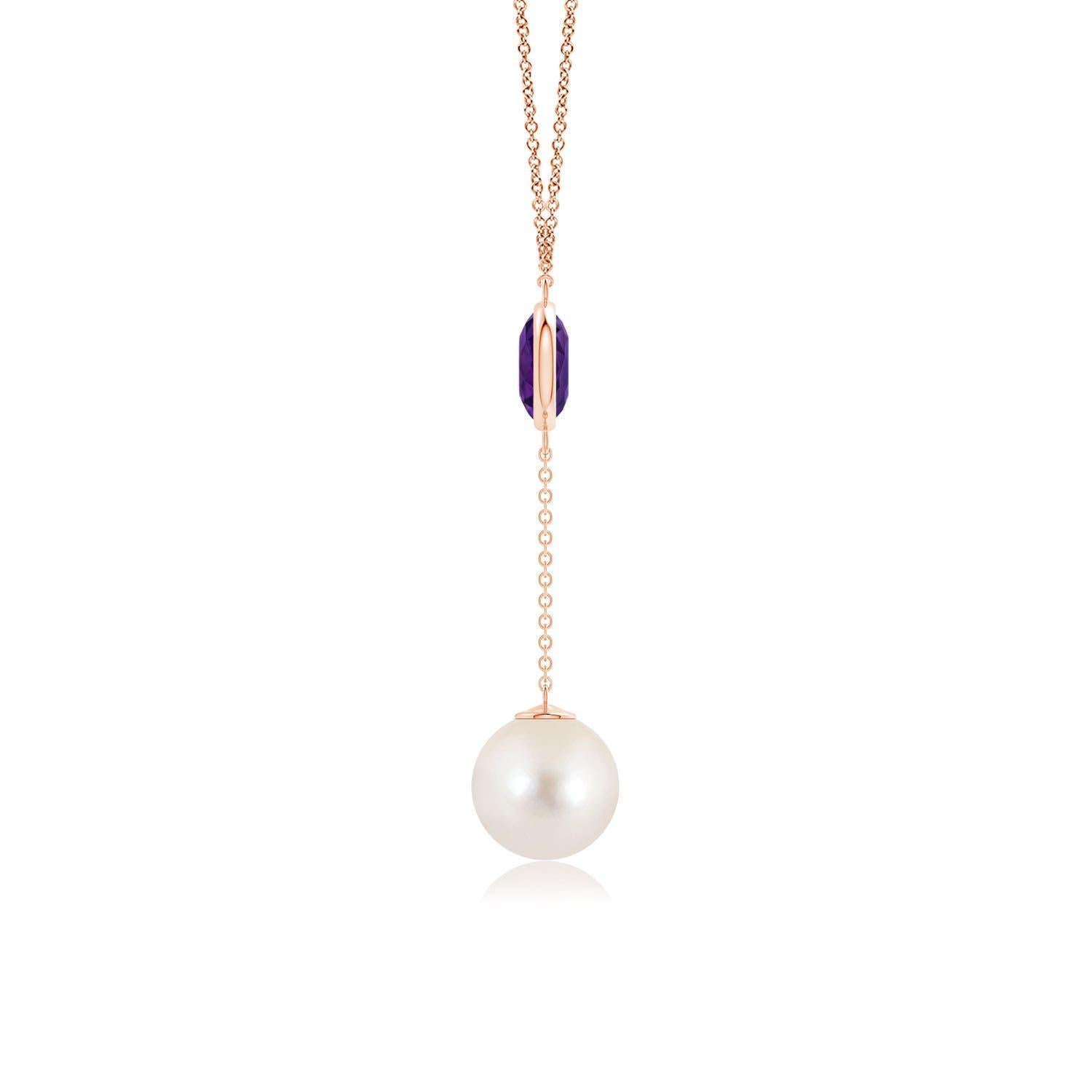 Cabochon Freshwater Cultured Pearl & 1.65ct Amethyst Lariat Necklace in 14K Rose Gold For Sale