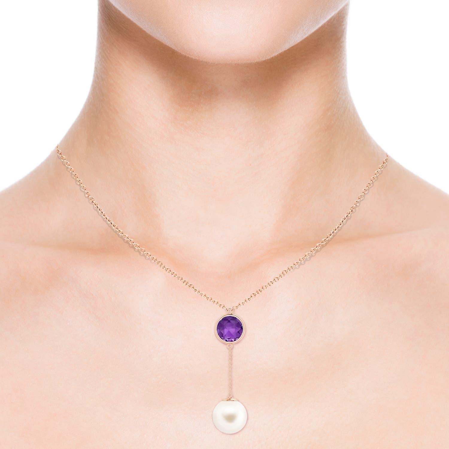 Modern Freshwater Cultured Pearl & 2.85ct Amethyst Lariat Necklace in 14K Rose Gold For Sale