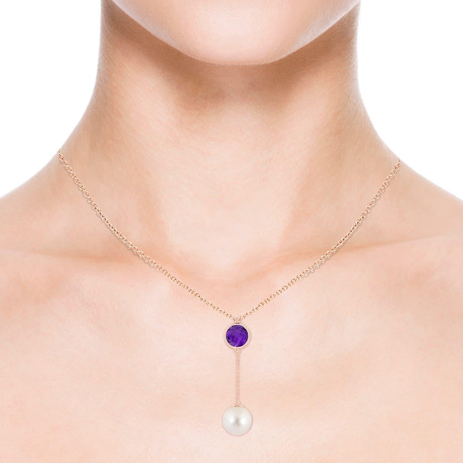Modern Freshwater Cultured Pearl & 1.65ct Amethyst Lariat Necklace in 14K Rose Gold For Sale