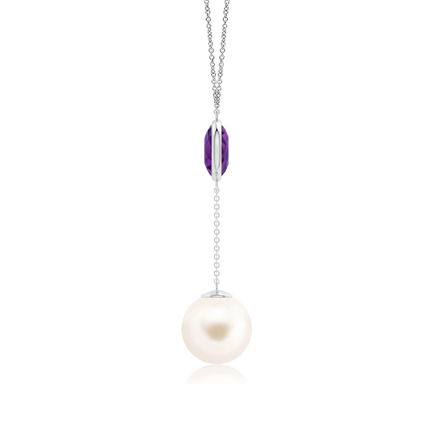 Cabochon Freshwater Cultured Pearl & 2.85ct Amethyst Lariat Necklace in 14K White Gold For Sale