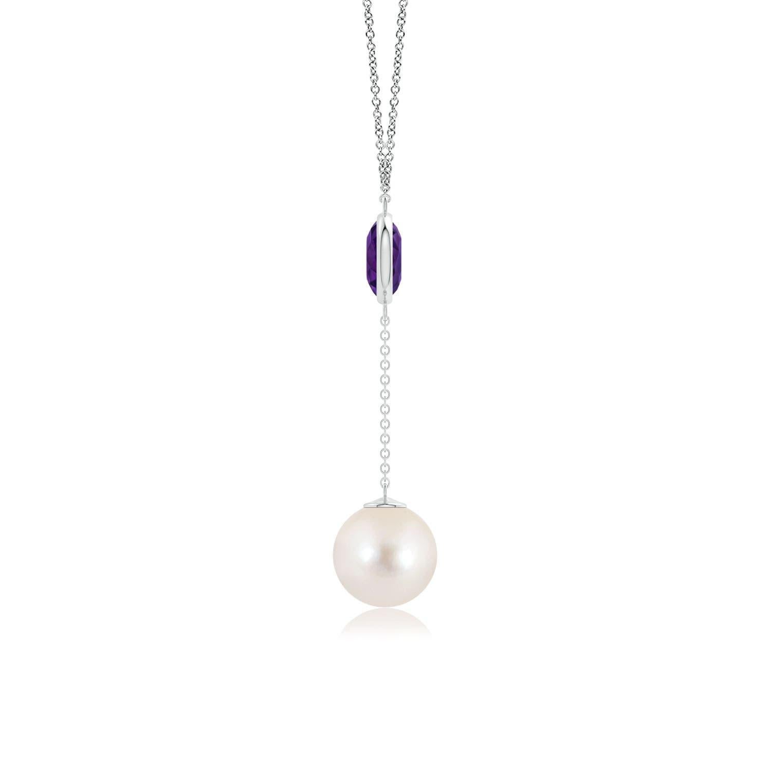 Cabochon Freshwater Cultured Pearl & 1.65ct Amethyst Lariat Necklace in 14K White Gold For Sale