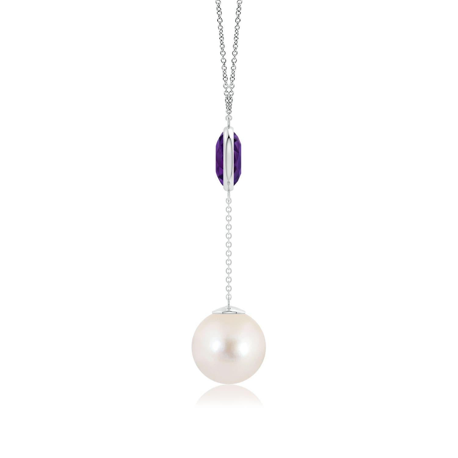 Cabochon Freshwater Cultured Pearl & 2.85ct Amethyst Lariat Necklace in 14K White Gold For Sale