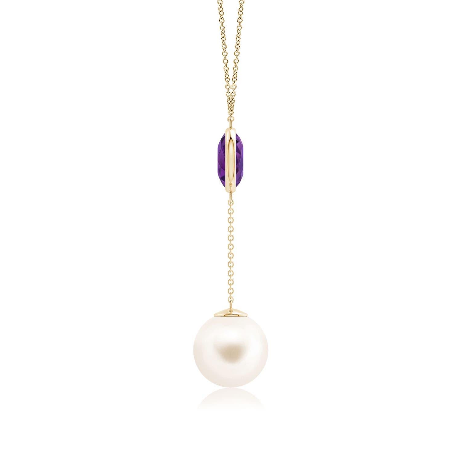 Cabochon Freshwater Cultured Pearl & 2.85ct Amethyst Lariat Necklace in 14K Yellow Gold For Sale