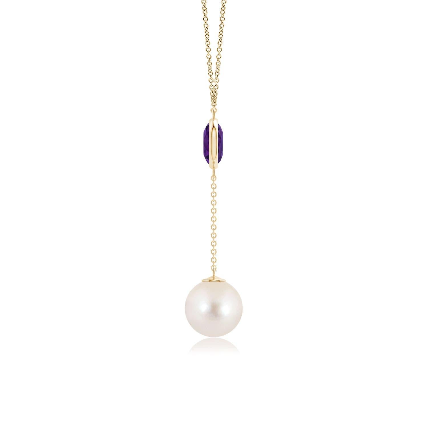 Cabochon Freshwater Cultured Pearl & 1.65ct Amethyst Lariat Necklace in 14K Yellow Gold For Sale