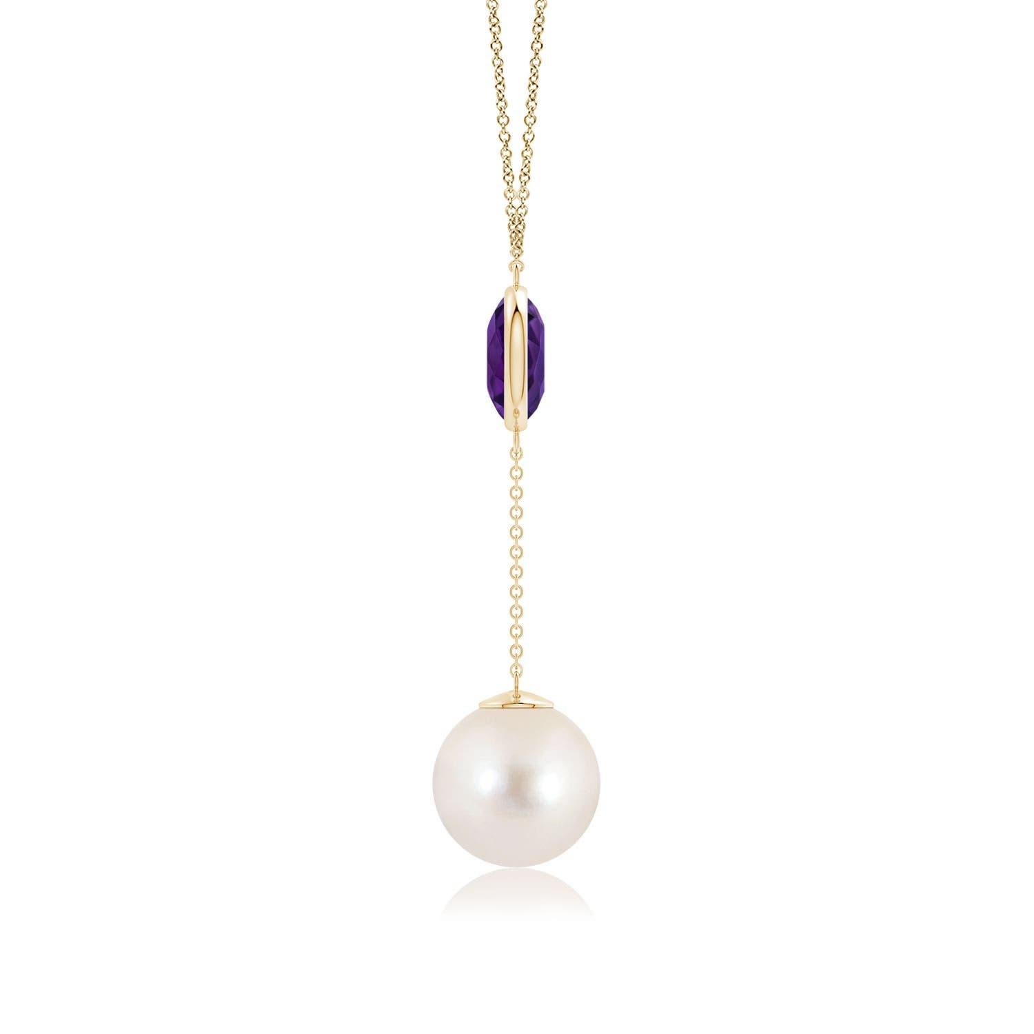 Cabochon Freshwater Cultured Pearl & 2.85ct Amethyst Lariat Necklace in 14K Yellow Gold For Sale