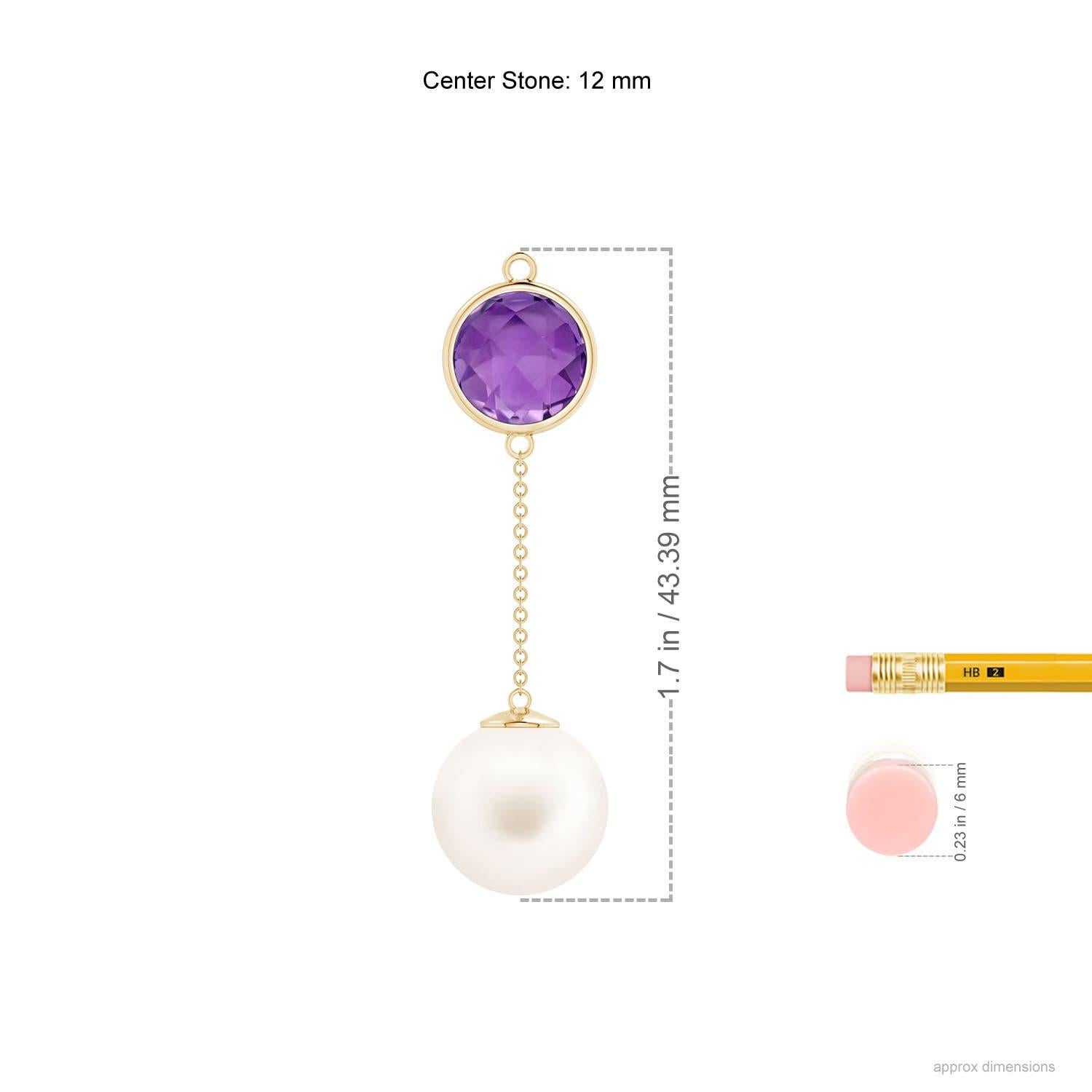 This 14k yellow gold lariat style necklace draws the eye with its simple elegance. The Freshwater cultured pearl is linked to a bezel-set deep purple amethyst by a chain, forming a stylish long drop design.
Freshwater Cultured Pearl is the