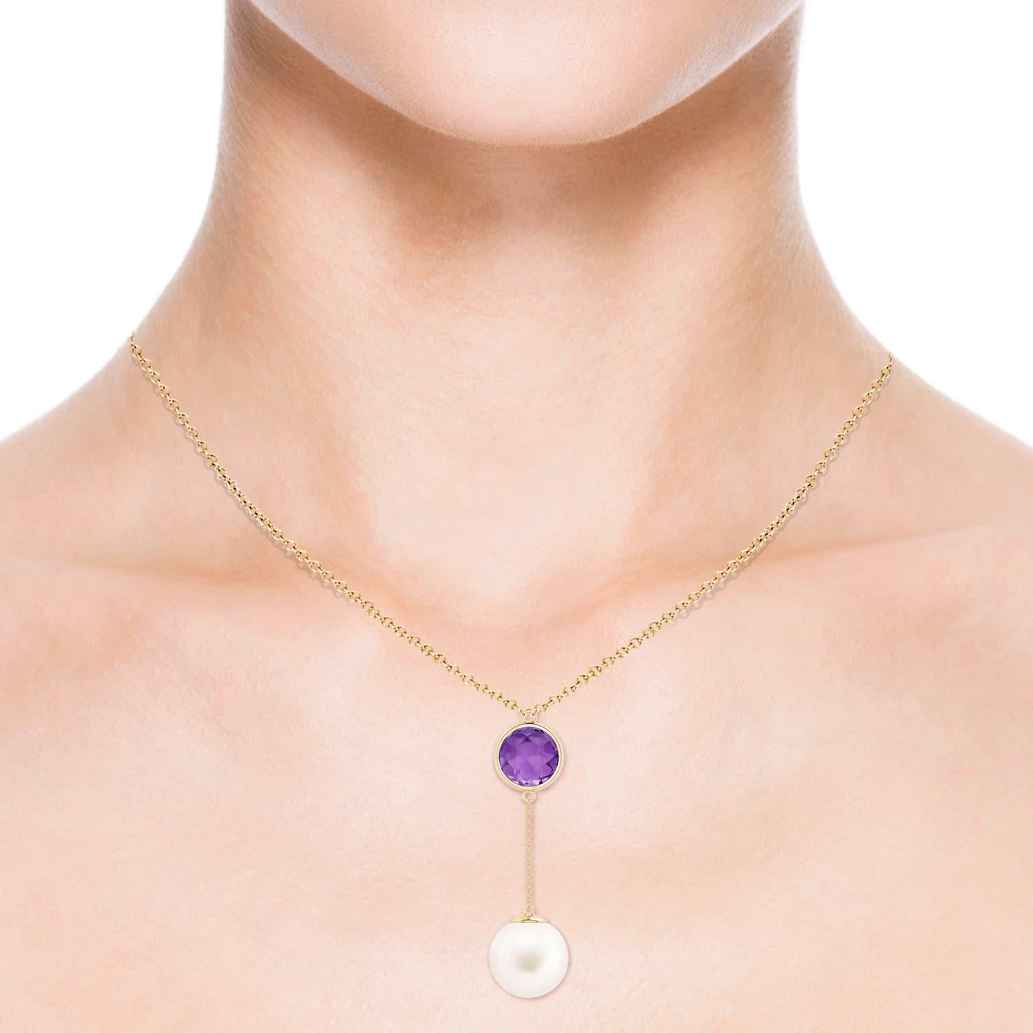 Modern Freshwater Cultured Pearl & 2.85ct Amethyst Lariat Necklace in 14K Yellow Gold For Sale