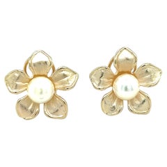 Freshwater Cultured Pearl Flower Design Earrings in 14k Yellow Gold