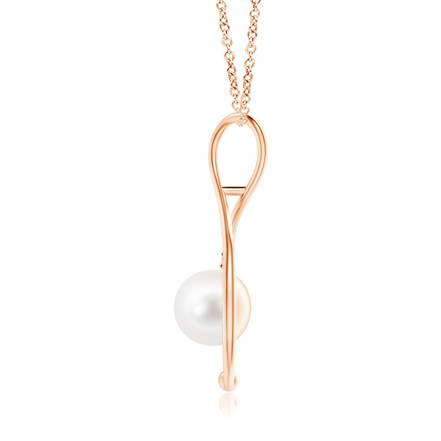 A modern classic, this pearl infinity necklace in 14K rose gold is a beautiful interpretation of the popular infinity symbol. The infinity loop softly cuddles the round Freshwater cultured pearl to evoke a feeling of tenderness. The glimmering