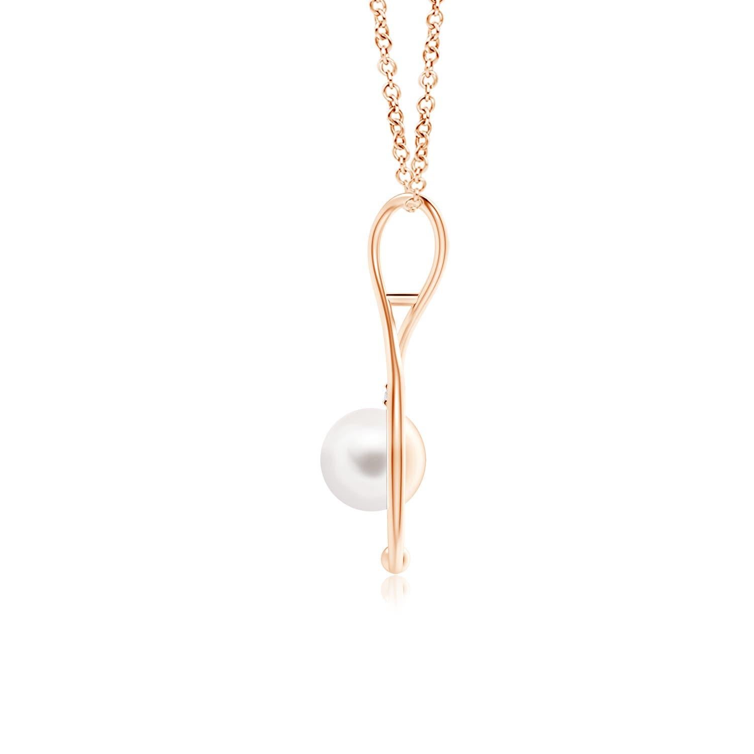 A modern classic, this pearl infinity necklace in 14K rose gold is a beautiful interpretation of the popular infinity symbol. The infinity loop softly cuddles the round Freshwater cultured pearl to evoke a feeling of tenderness. The glimmering