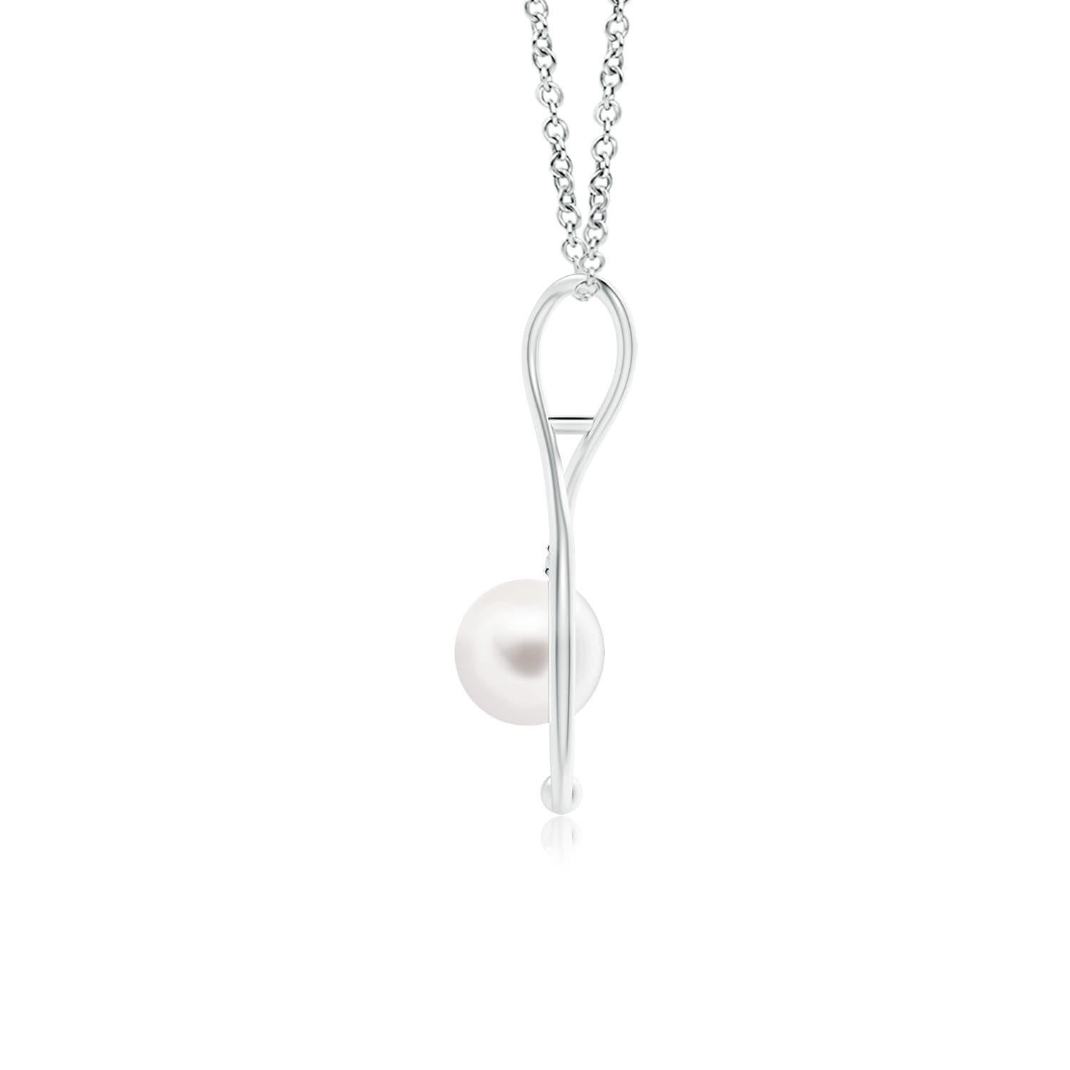 A modern classic, this pearl infinity necklace in 14K white gold is a beautiful interpretation of the popular infinity symbol. The infinity loop softly cuddles the round Freshwater cultured pearl to evoke a feeling of tenderness. The glimmering