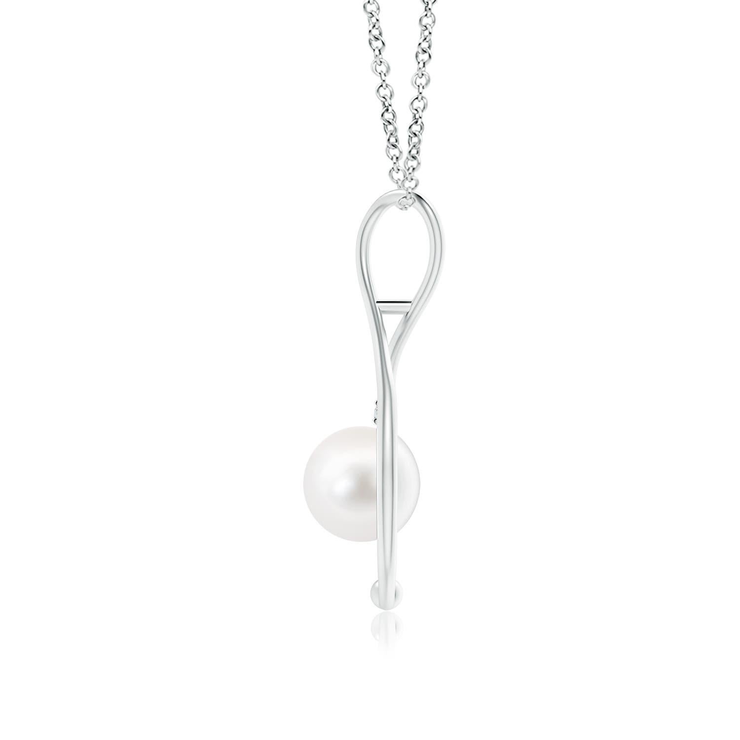 A modern classic, this pearl infinity necklace in 14K white gold is a beautiful interpretation of the popular infinity symbol. The infinity loop softly cuddles the round Freshwater cultured pearl to evoke a feeling of tenderness. The glimmering