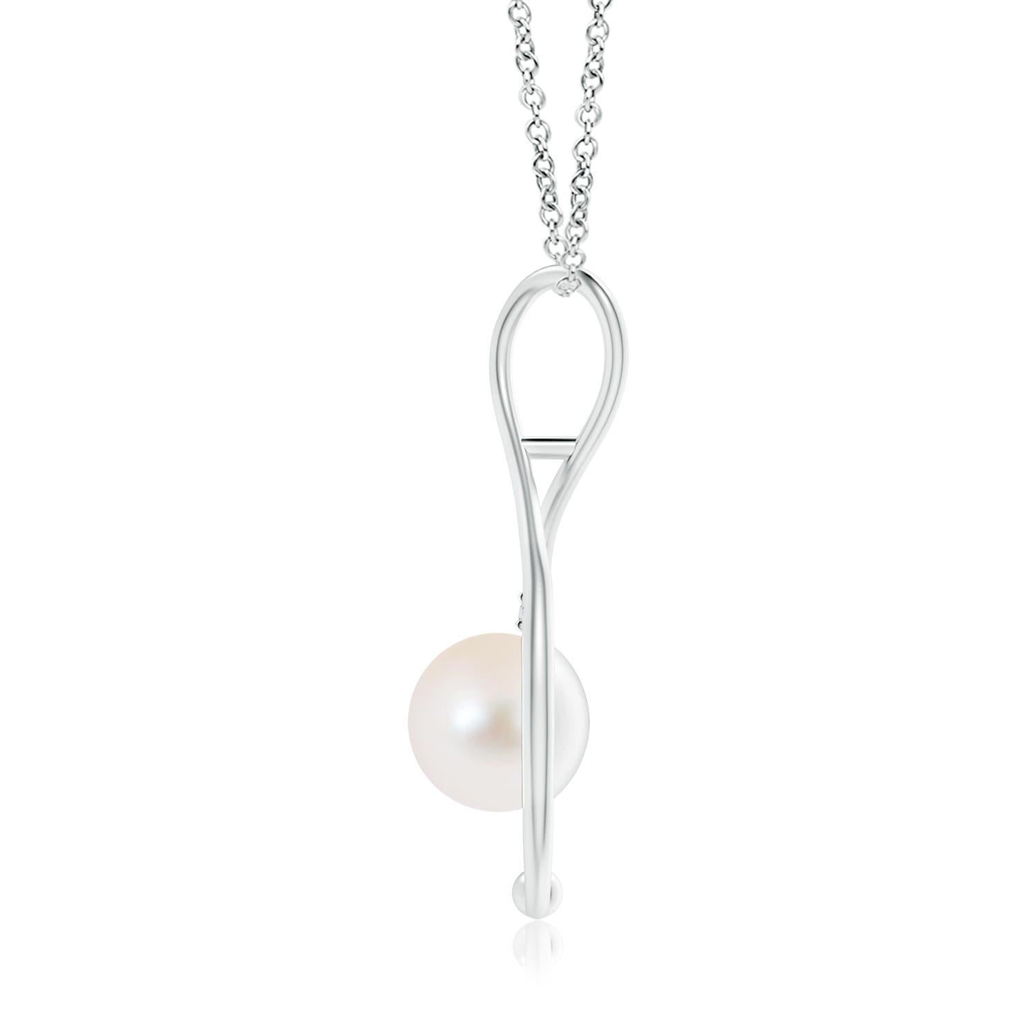 A modern classic, this pearl infinity necklace in 14K white gold is a beautiful interpretation of the popular infinity symbol. The infinity loop softly cuddles the round Freshwater cultured pearl to evoke a feeling of tenderness. The glimmering