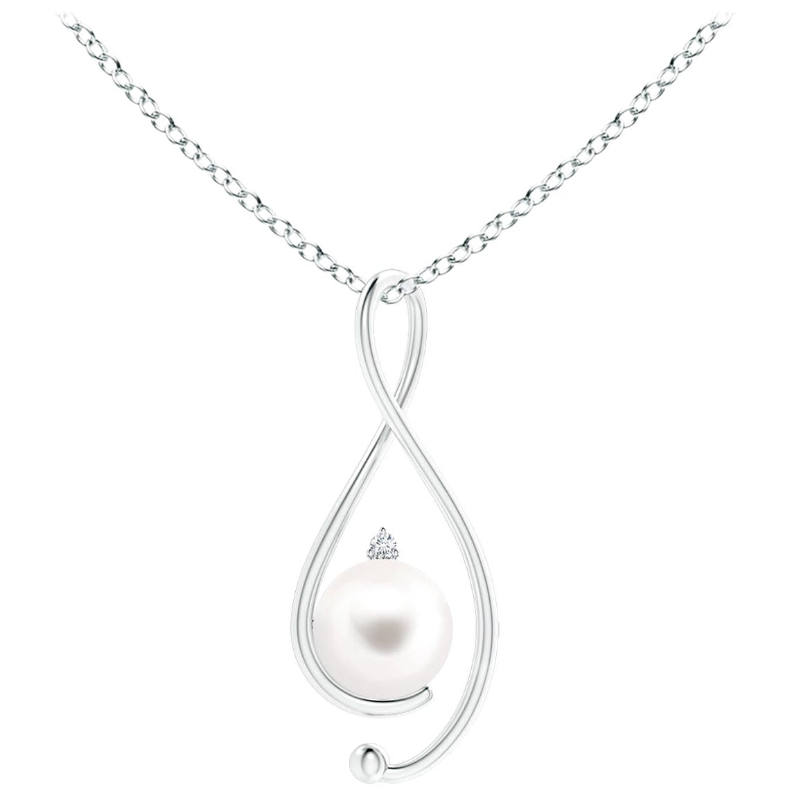 Ciondolo Infinity con perla d'acqua dolce coltivata e diamante in oro bianco 14 carati in vendita