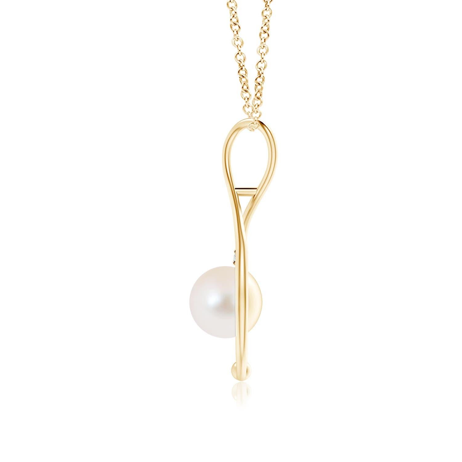 A modern classic, this pearl infinity necklace in 14K yellow gold is a beautiful interpretation of the popular infinity symbol. The infinity loop softly cuddles the round Freshwater cultured pearl to evoke a feeling of tenderness. The glimmering