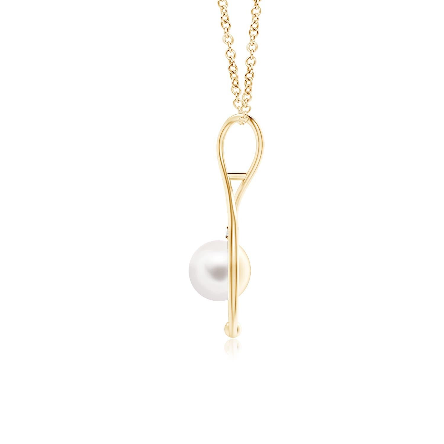 A modern classic, this pearl infinity necklace in 14K yellow gold is a beautiful interpretation of the popular infinity symbol. The infinity loop softly cuddles the round Freshwater cultured pearl to evoke a feeling of tenderness. The glimmering