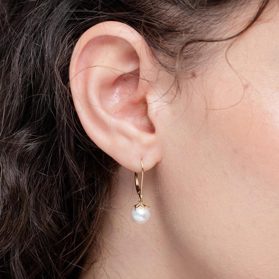Cabochon Freshwater Cultured Pearl Leverback Drop Earrings in 14K White Gold For Sale