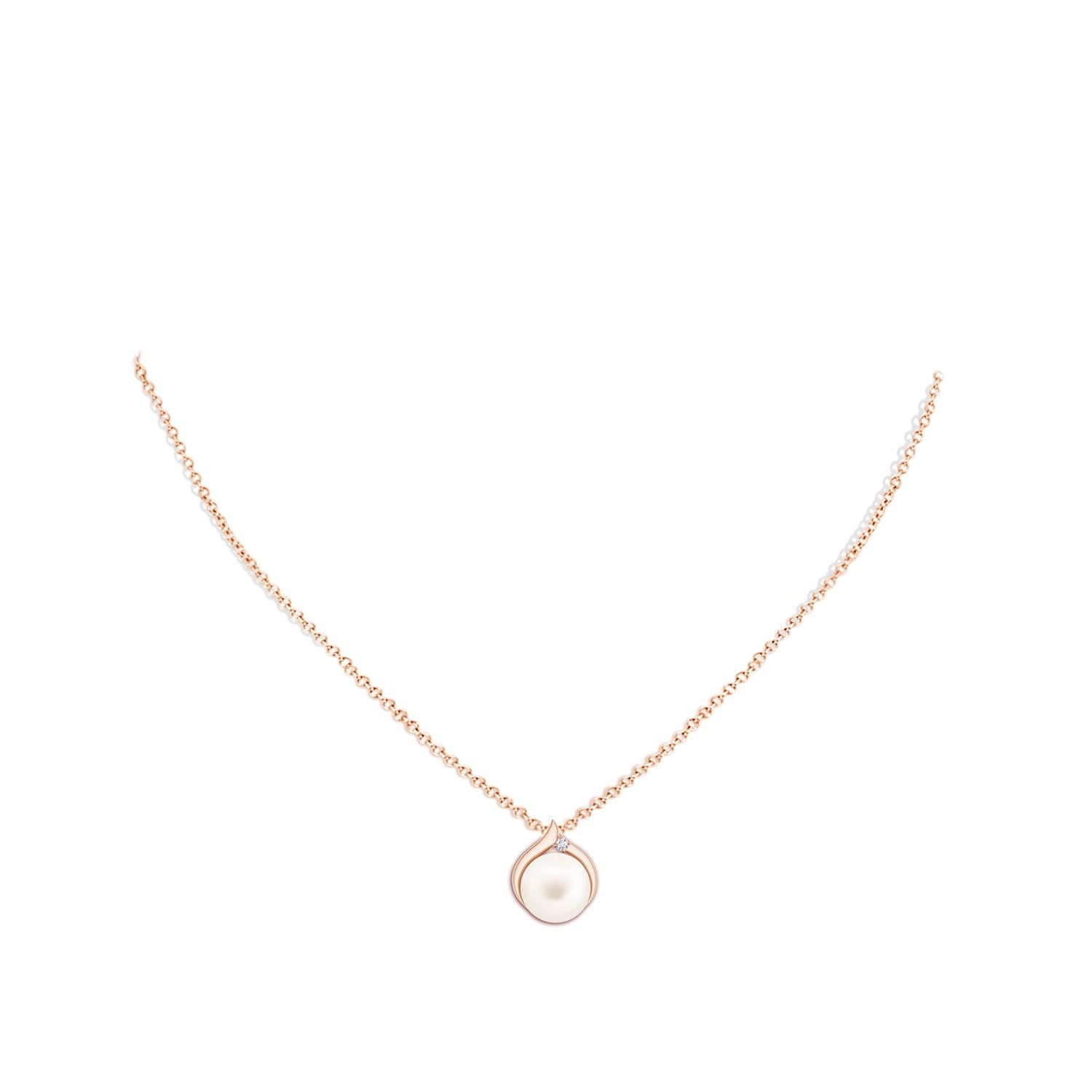 Cabochon Freshwater Cultured Pearl Solitaire Pendant with Diamond in 14K Rose Gold For Sale