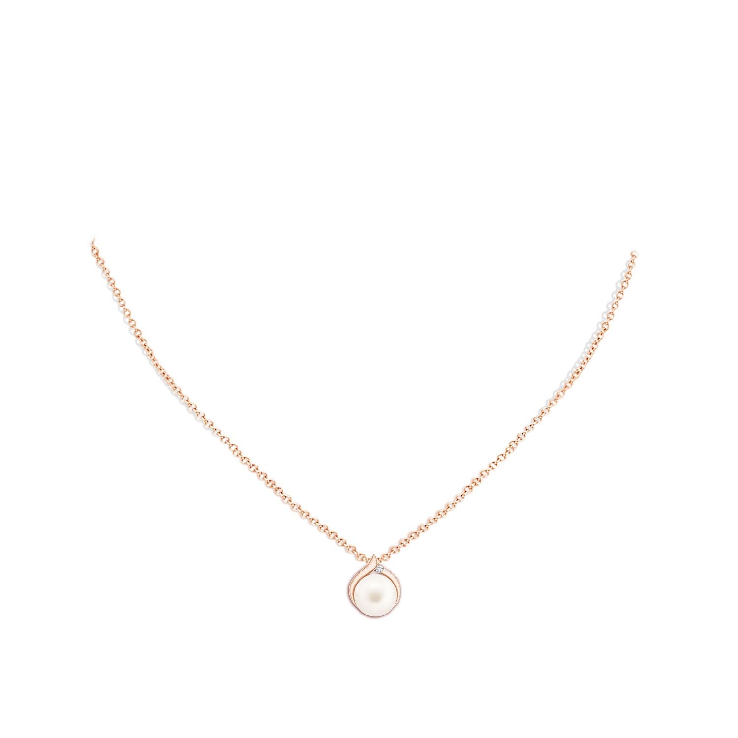 Cabochon Freshwater Cultured Pearl Solitaire Pendant with Diamond in 14K Rose Gold For Sale