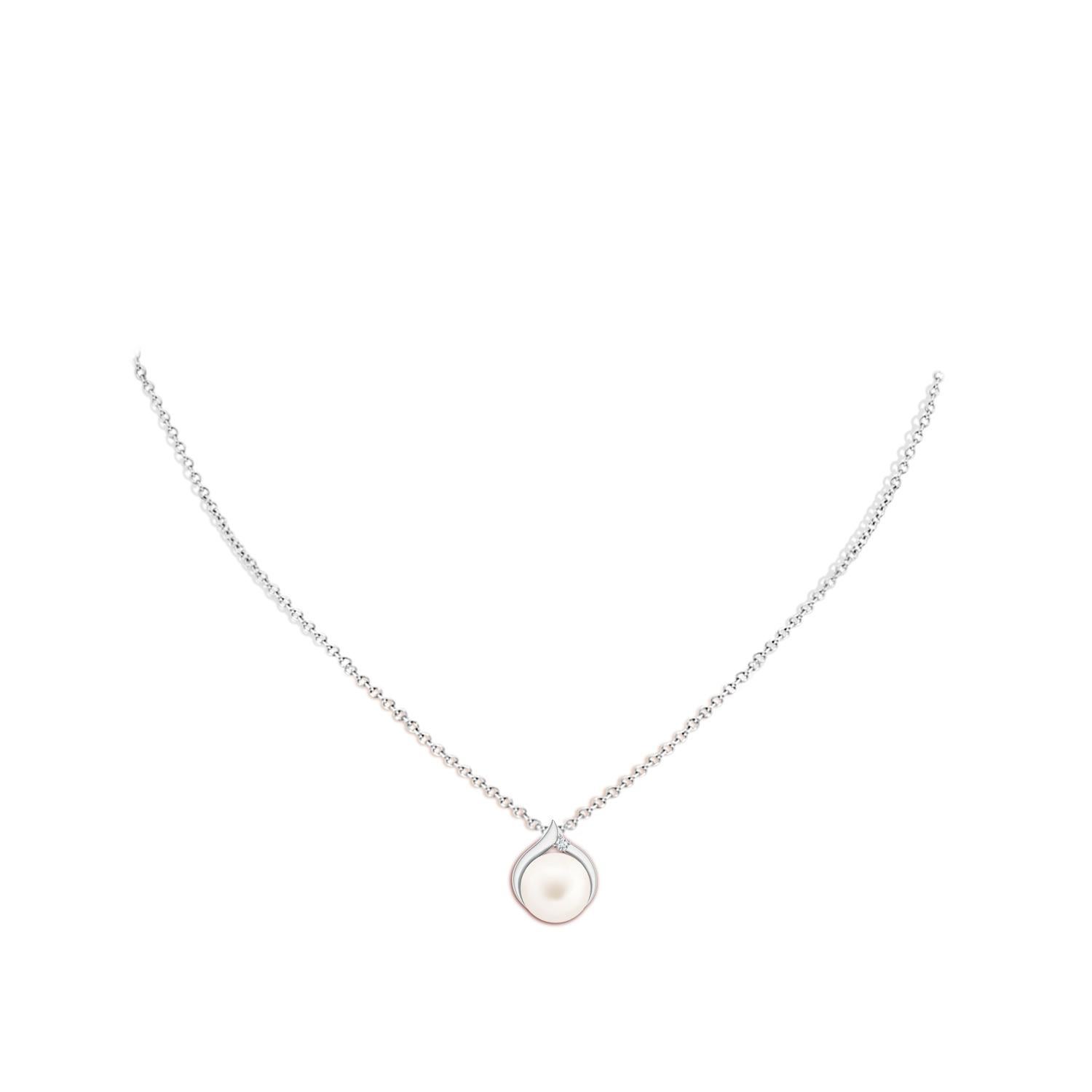 Cabochon Freshwater Cultured Pearl Solitaire Pendant with Diamond in 14K White Gold For Sale