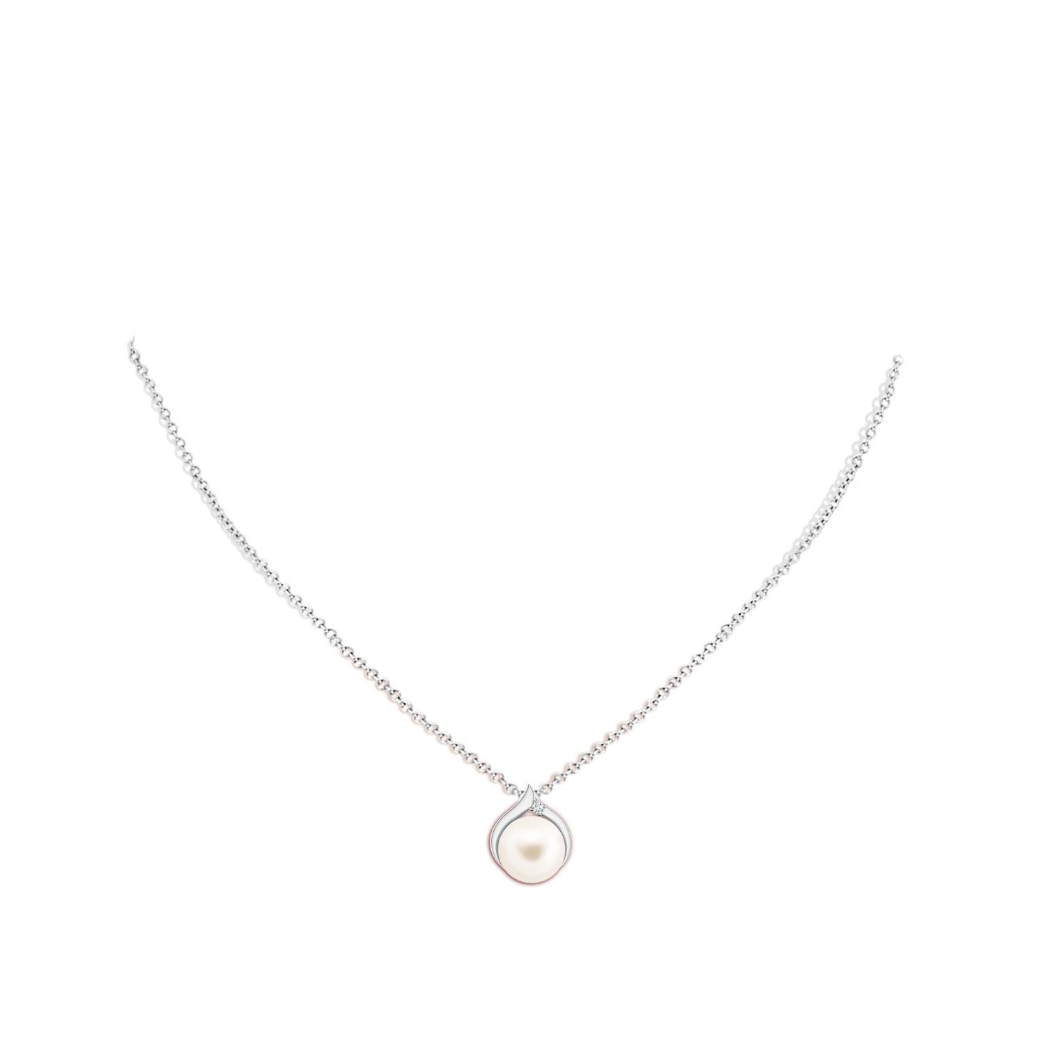 Cabochon Freshwater Cultured Pearl Solitaire Pendant with Diamond in 14K White Gold For Sale